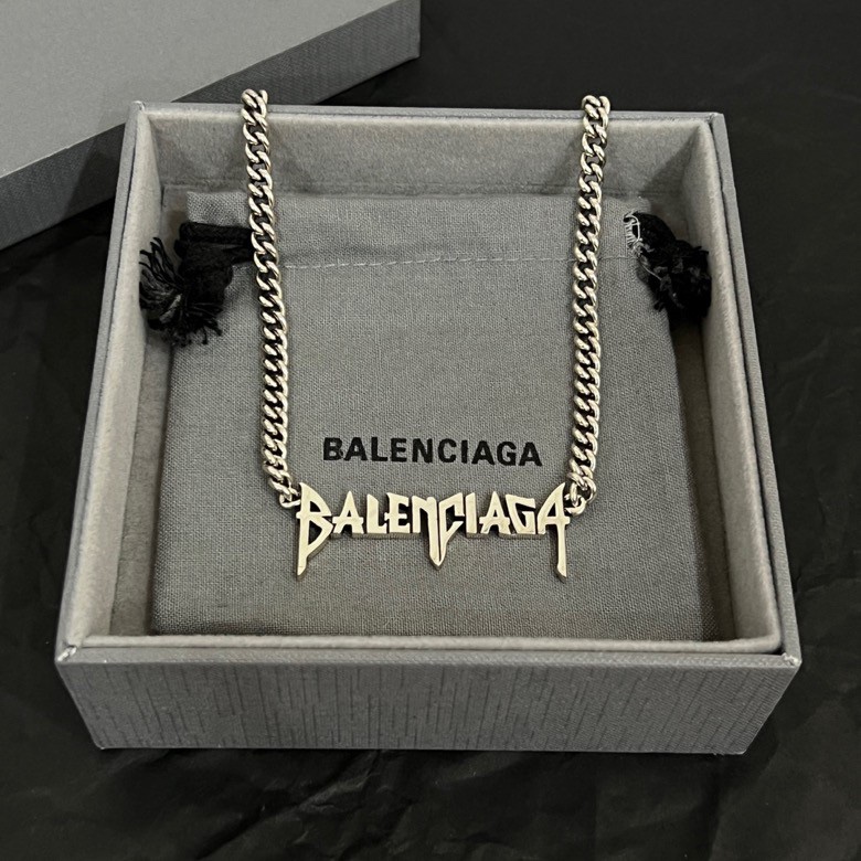Balenciaga Typo Metal Necklace In Antique Silver Brass - FashionPlug