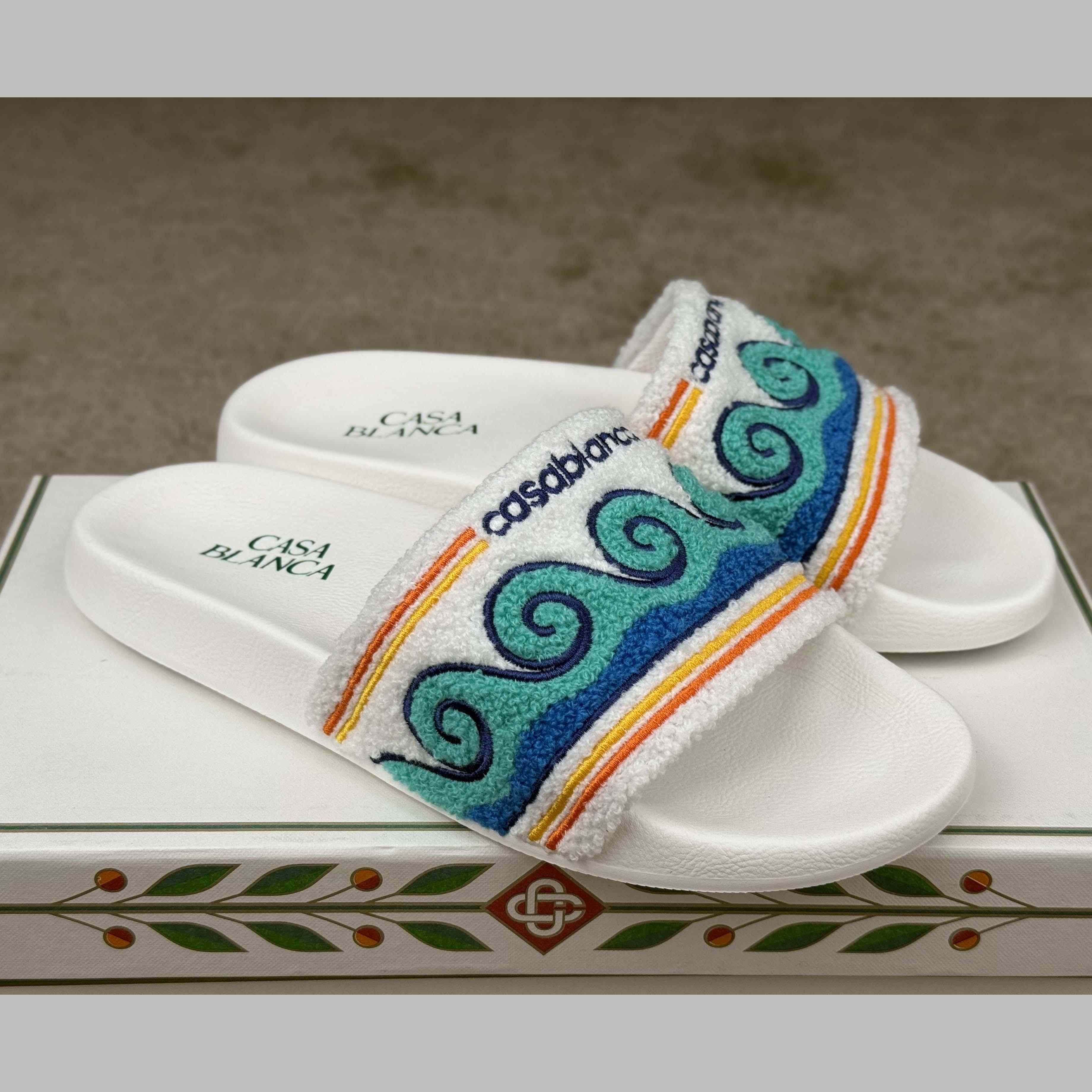 Casablanca Men's Embroidered Terry Slide Sandals - FashionPlug