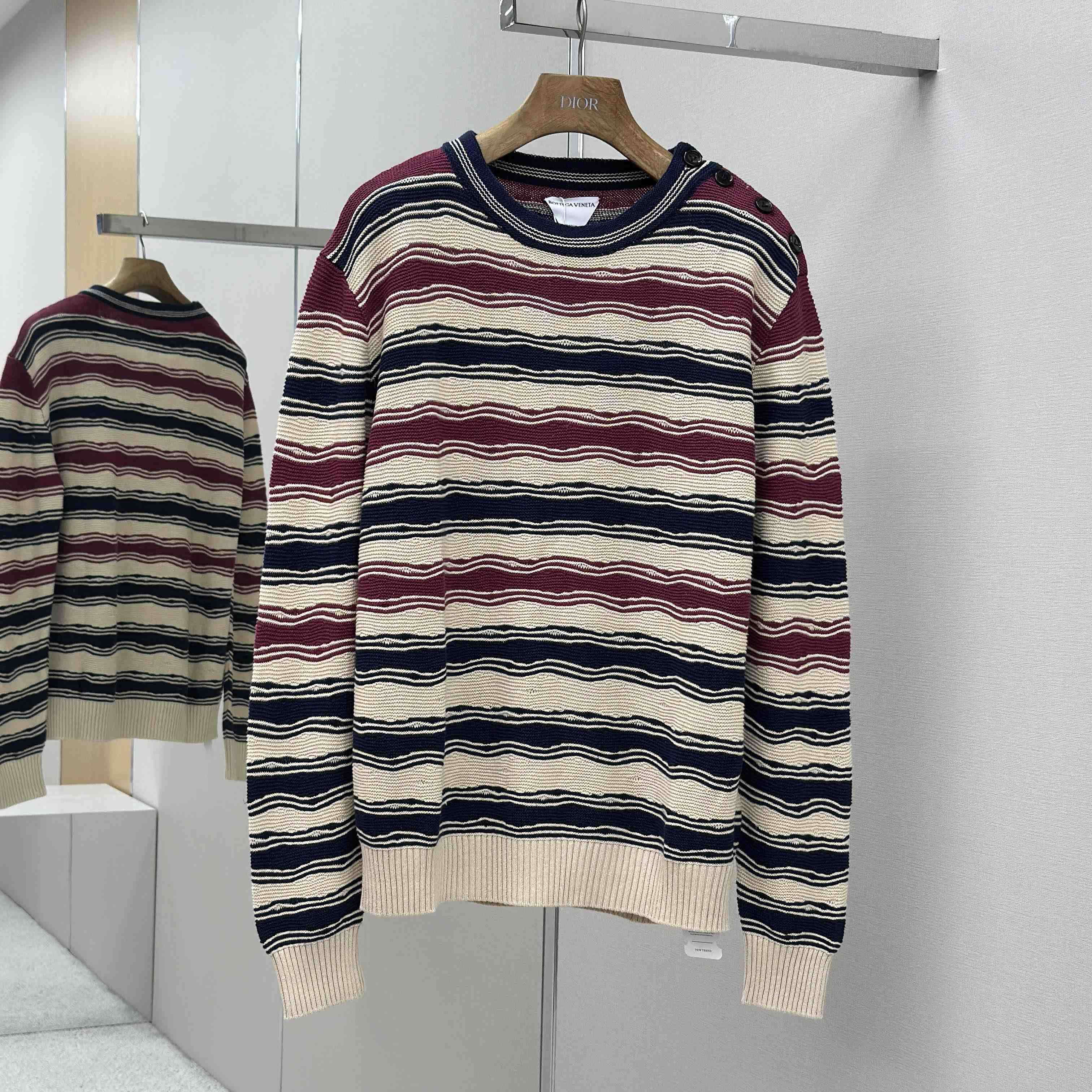 Bottega Veneta Men's Red Distorted Stripe Linen & Cotton Sweater  - FashionPlug