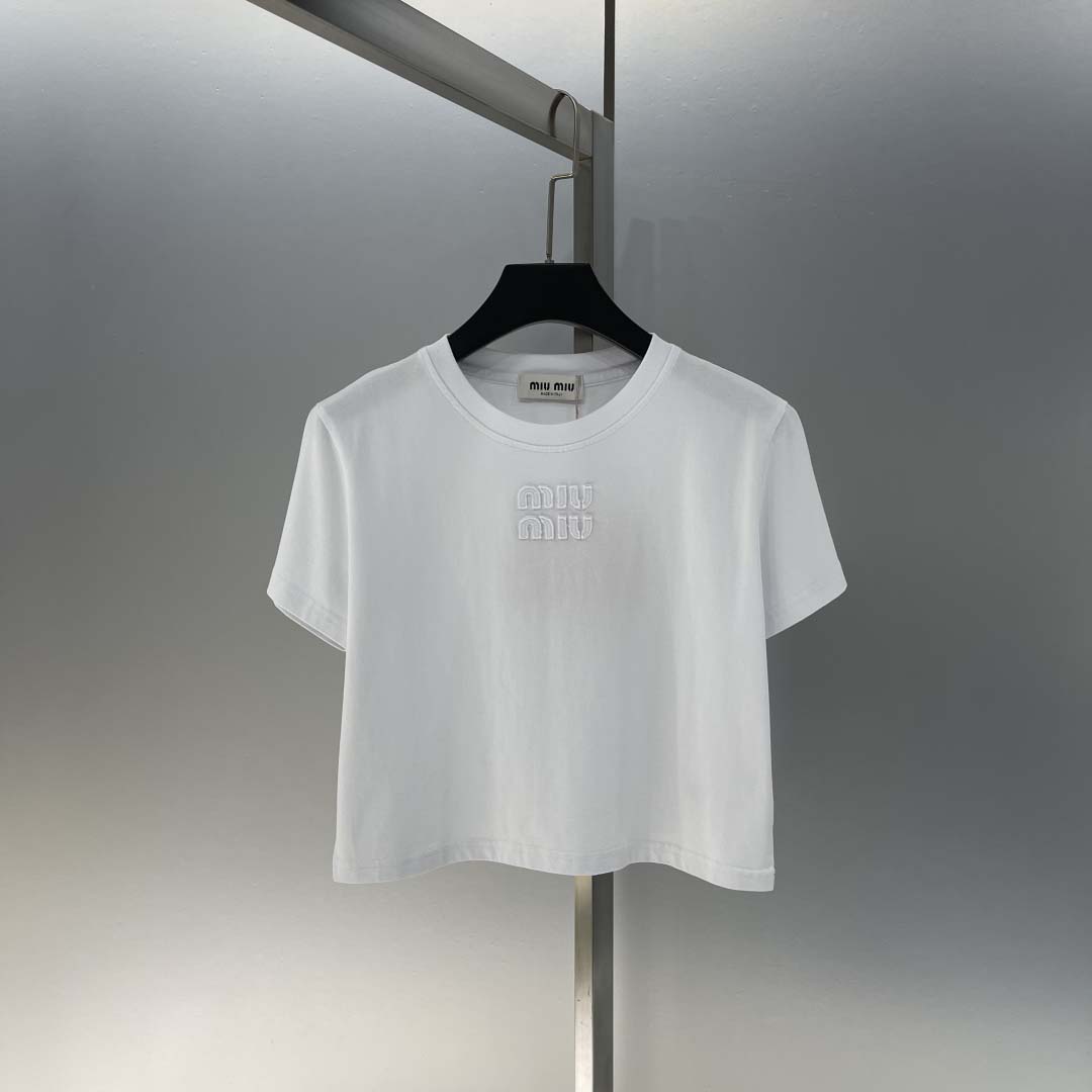 Miu Miu White Cotton Jersey T-shirt  - FashionPlug