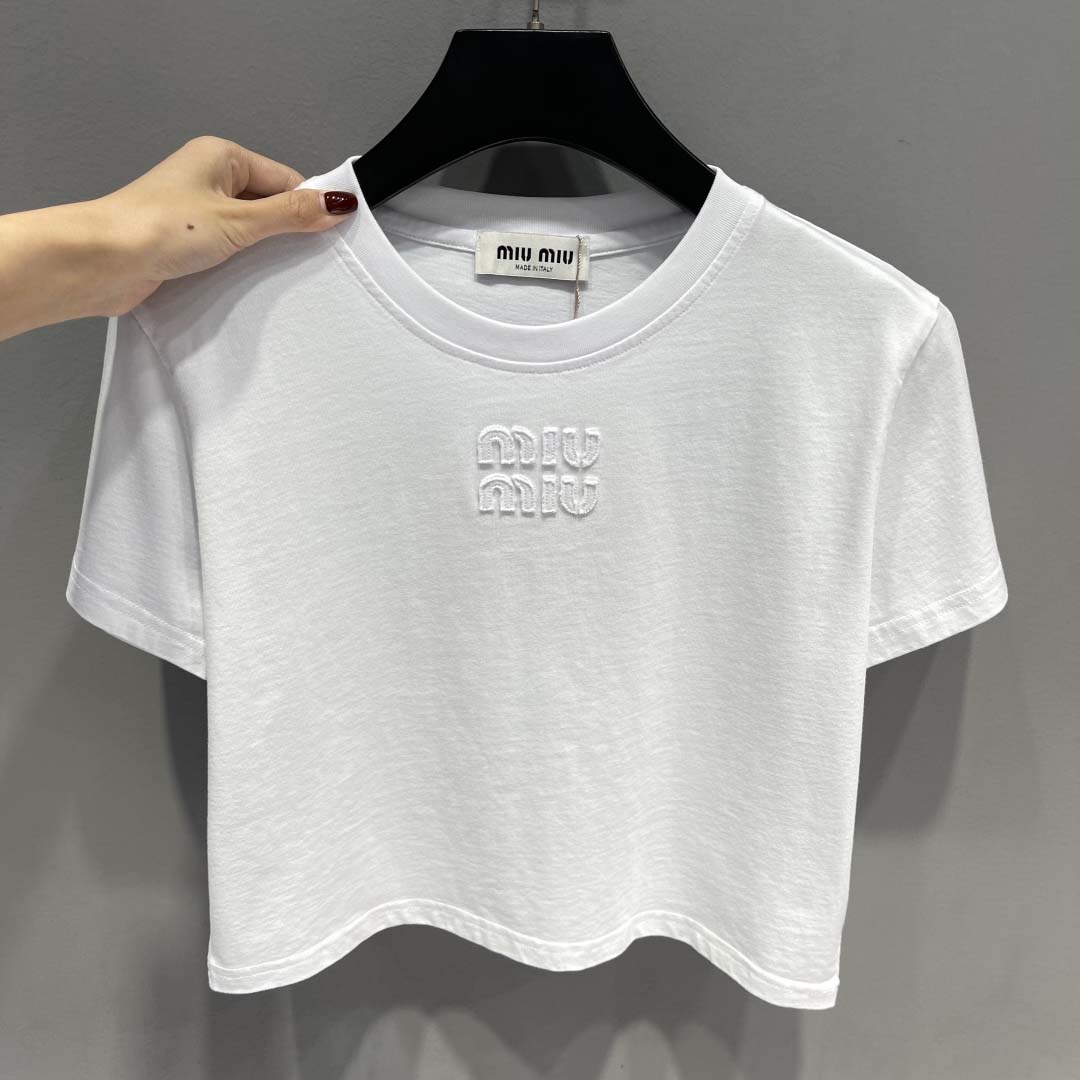 Miu Miu White Cotton Jersey T-shirt  - FashionPlug