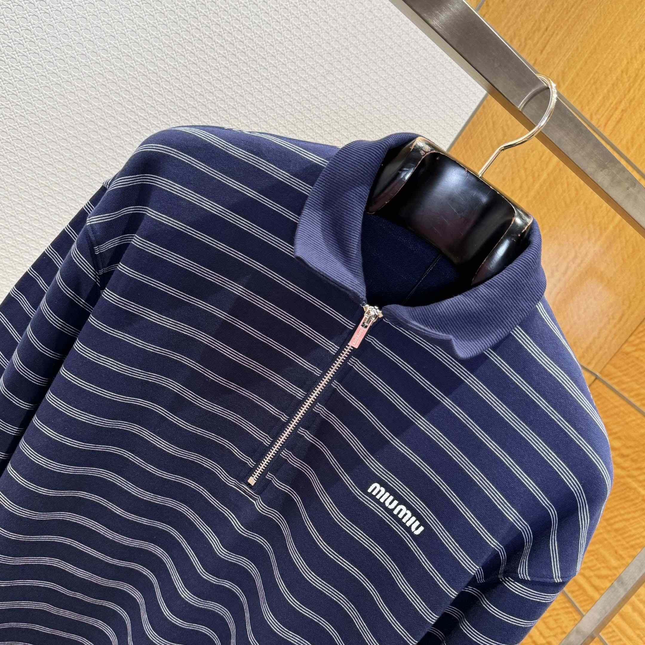Miu Miu Striped ZIp-Up Polo Shirt - FashionPlug