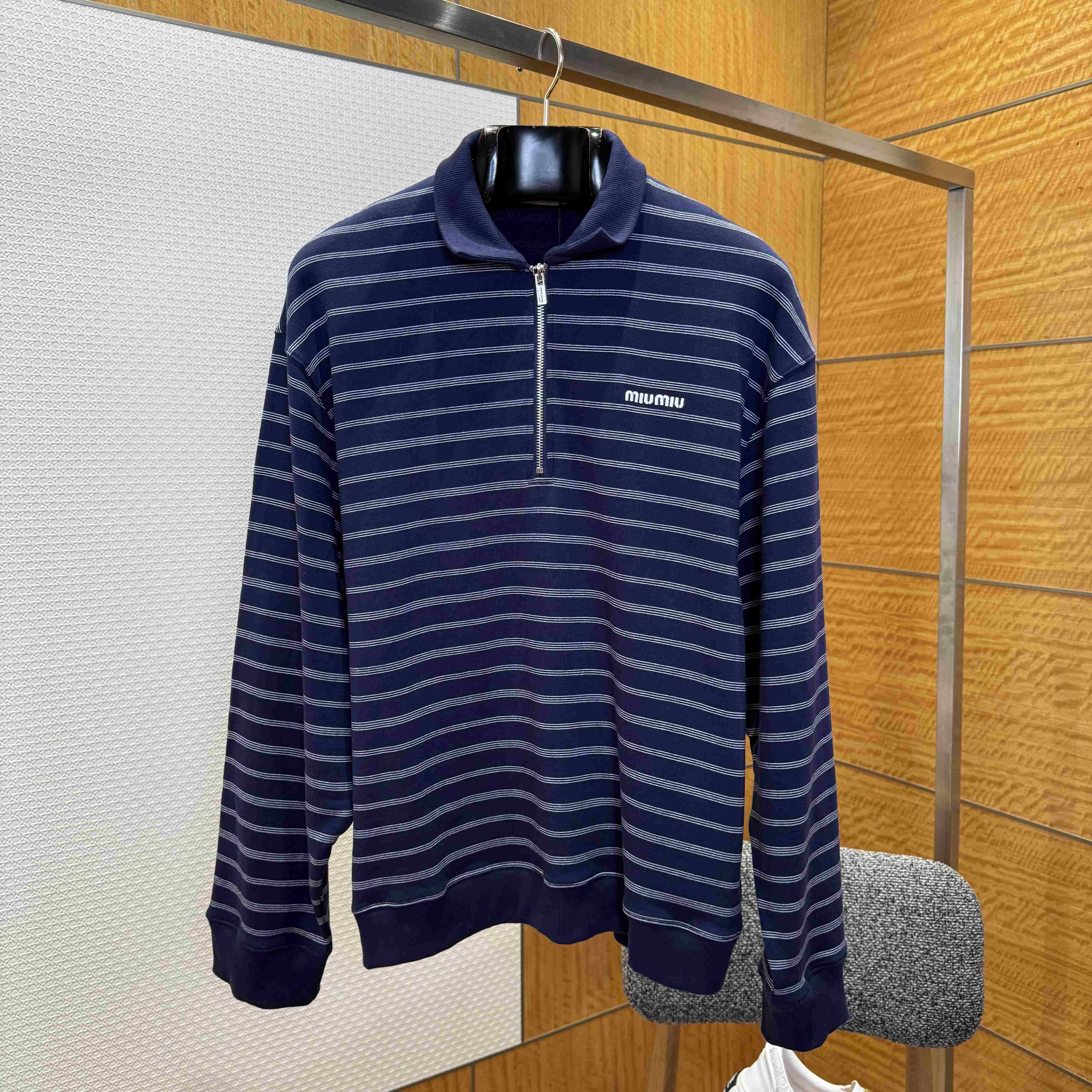 Miu Miu Striped ZIp-Up Polo Shirt - FashionPlug