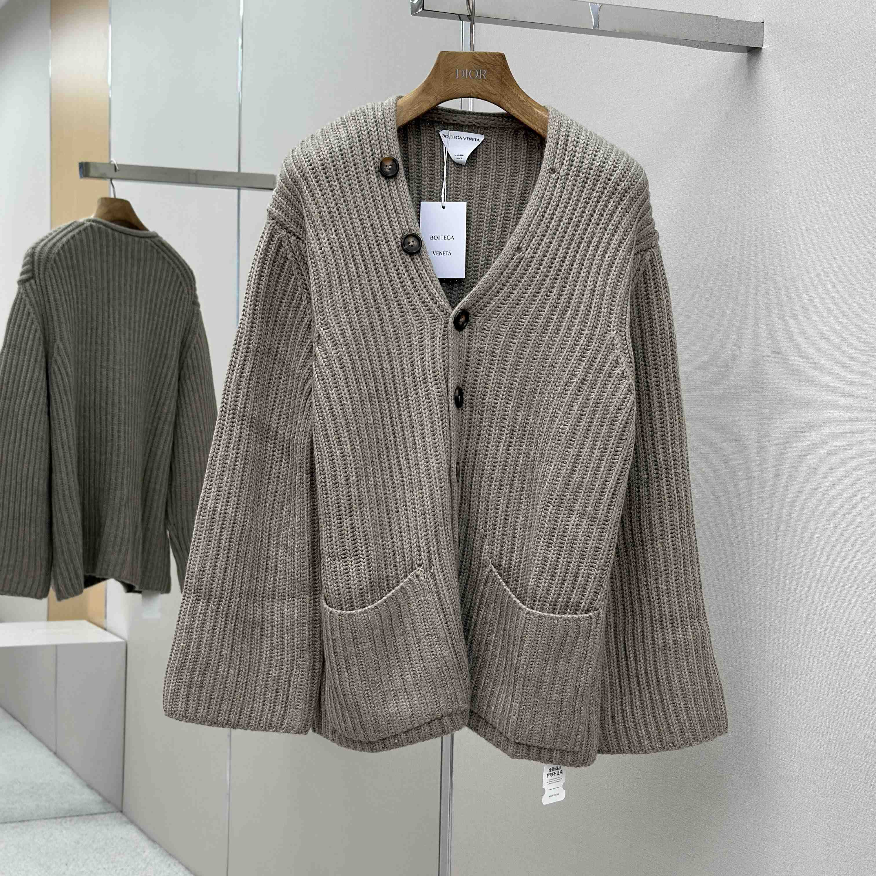 Bottega Veneta Neutral V-Neck Knit Cardigan - FashionPlug