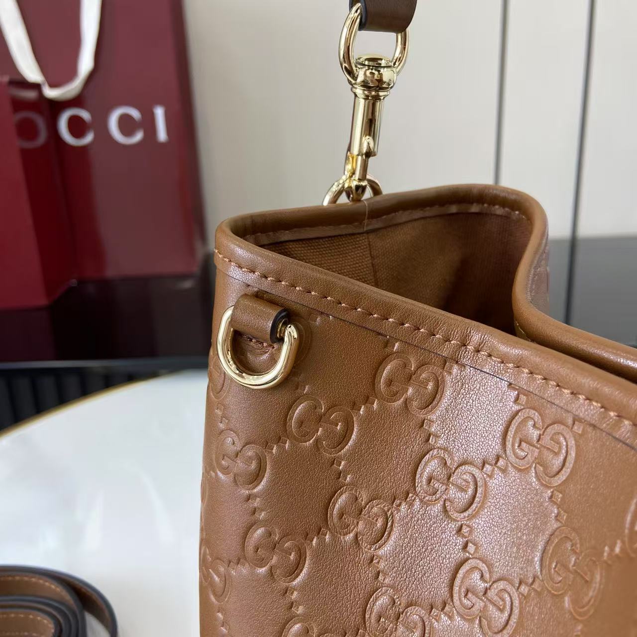 Gucci GG Emblem Small Bucket Bag  - FashionPlug