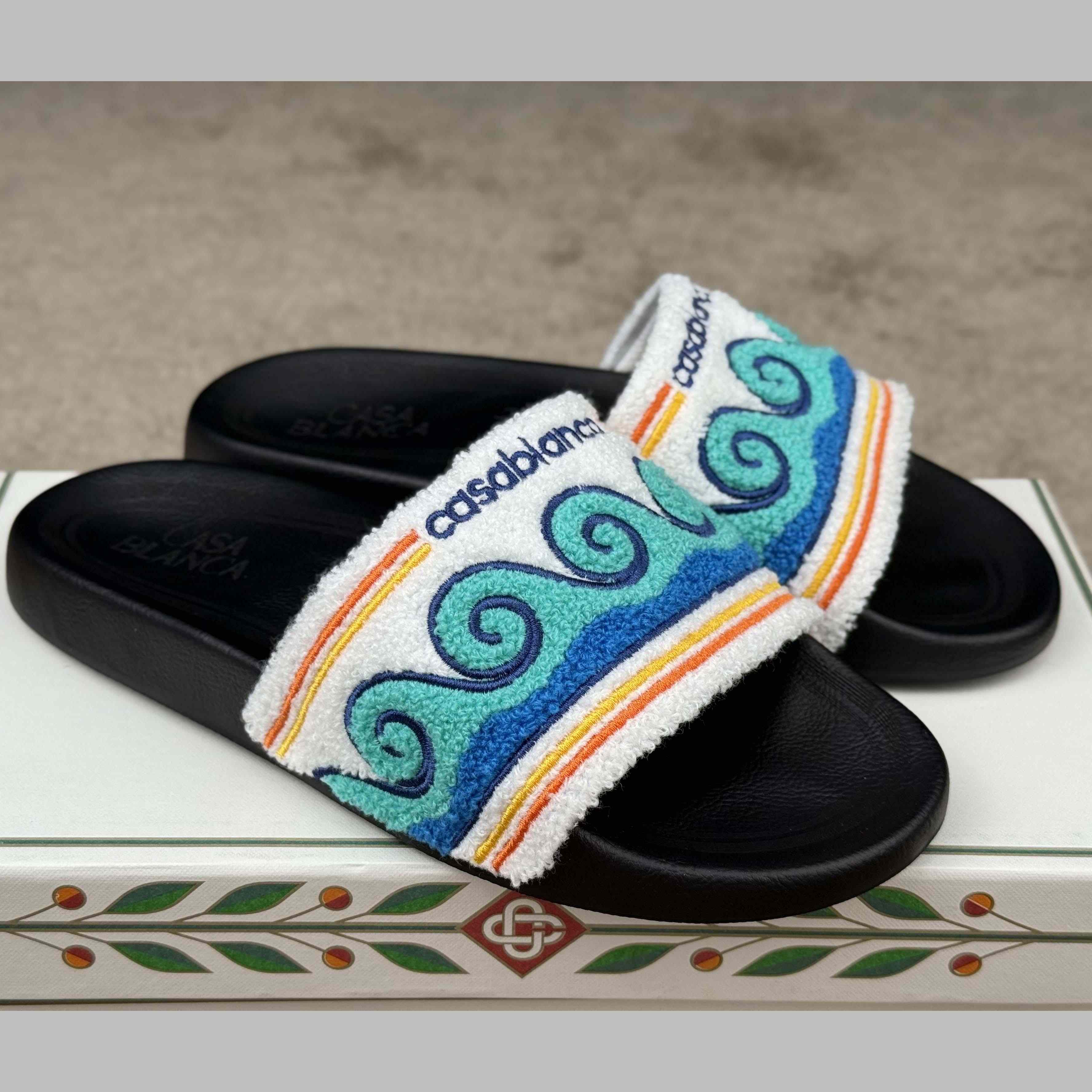 Casablanca Men's Embroidered Terry Slide Sandals - FashionPlug