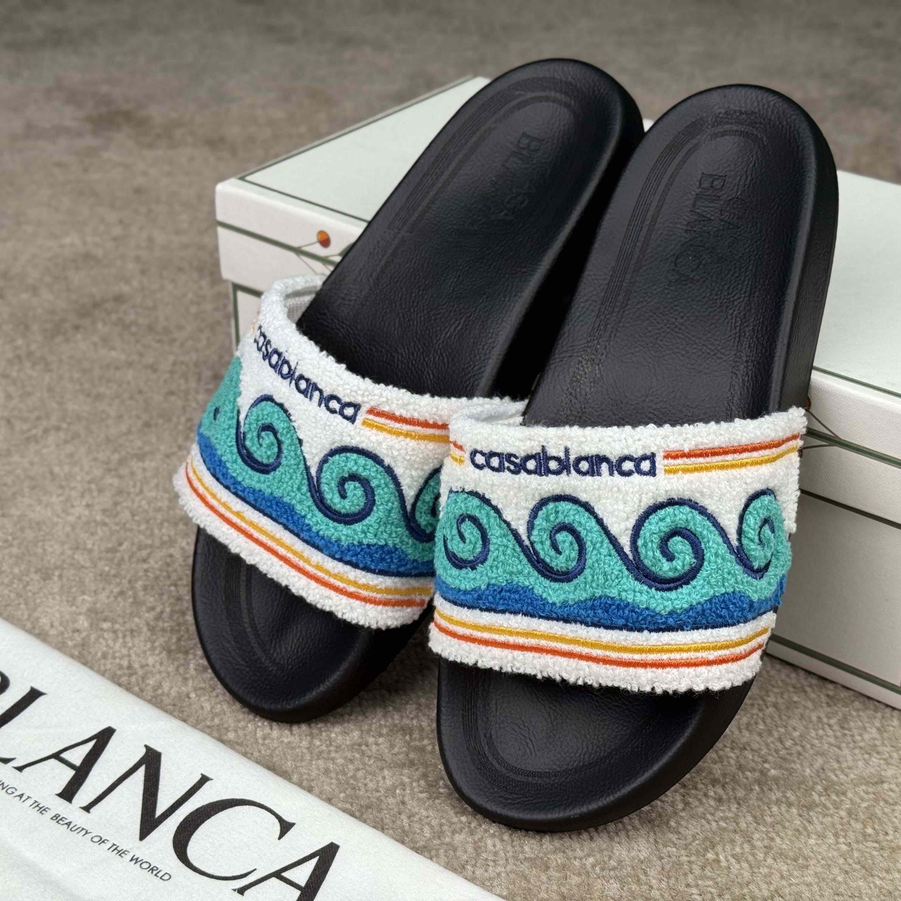 Casablanca Men's Embroidered Terry Slide Sandals - FashionPlug