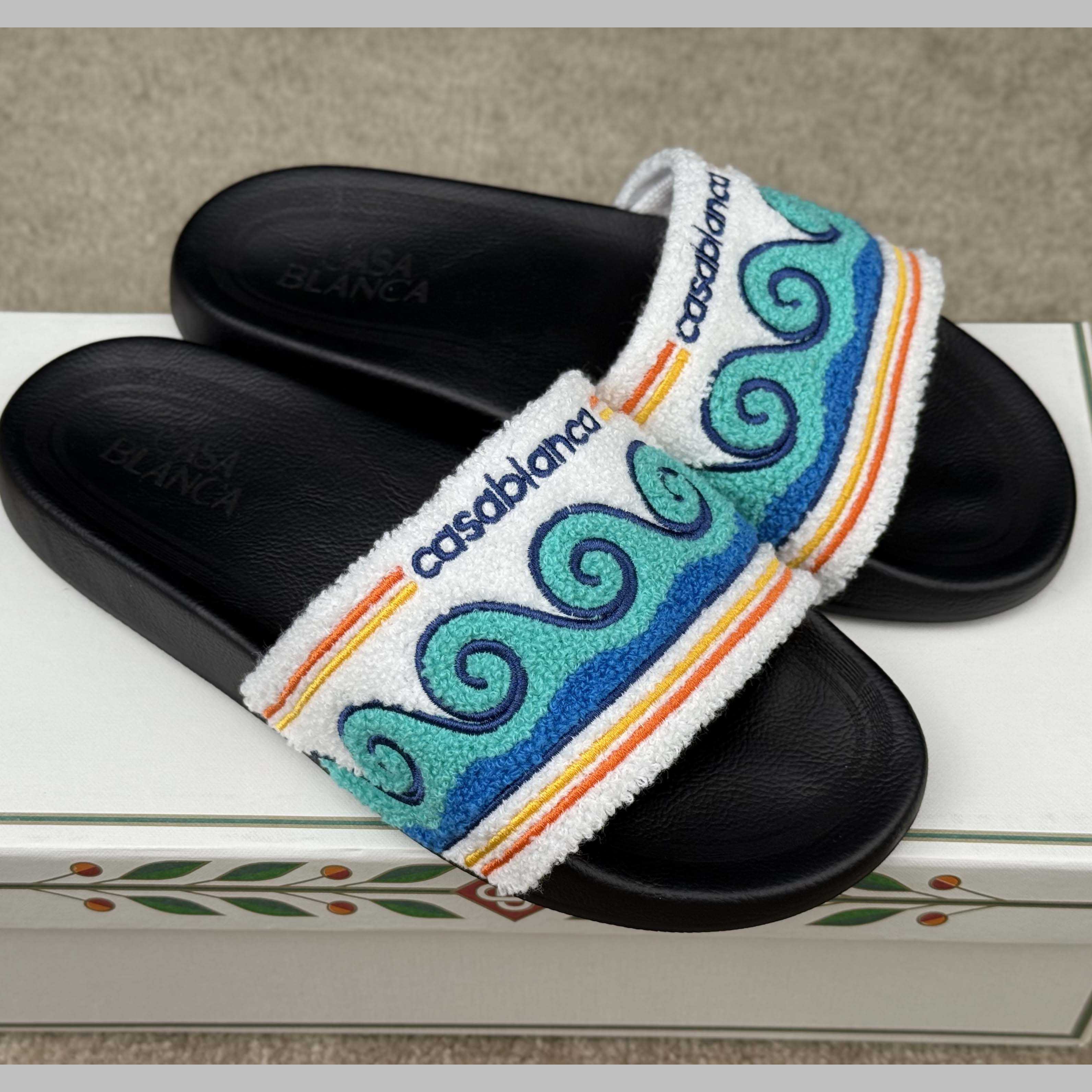 Casablanca Men's Embroidered Terry Slide Sandals - FashionPlug
