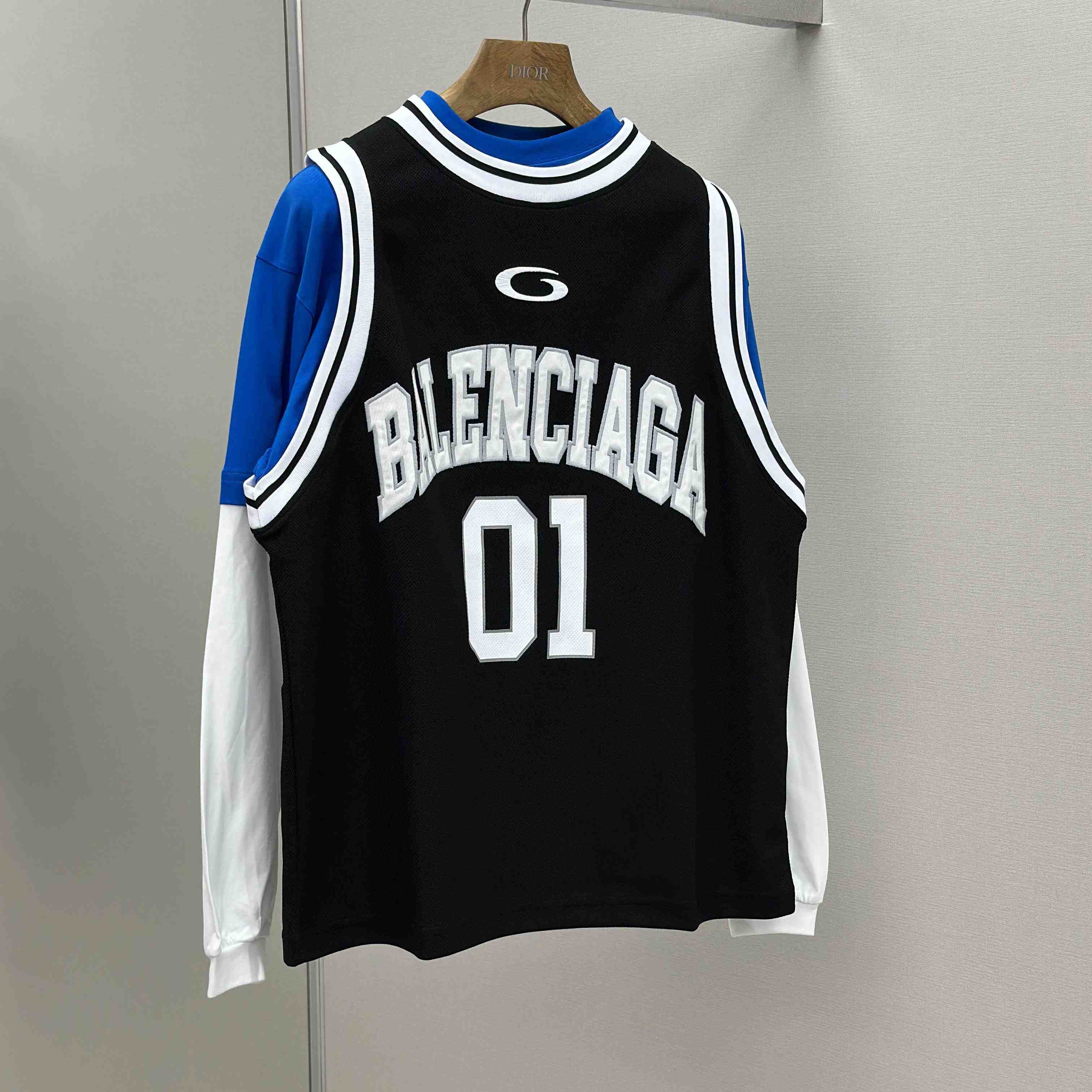 Balenciaga Basketball Series - Layered Long Sleeve T-Shirt In Black And White Sporty Mesh Jersey - FashionPlug