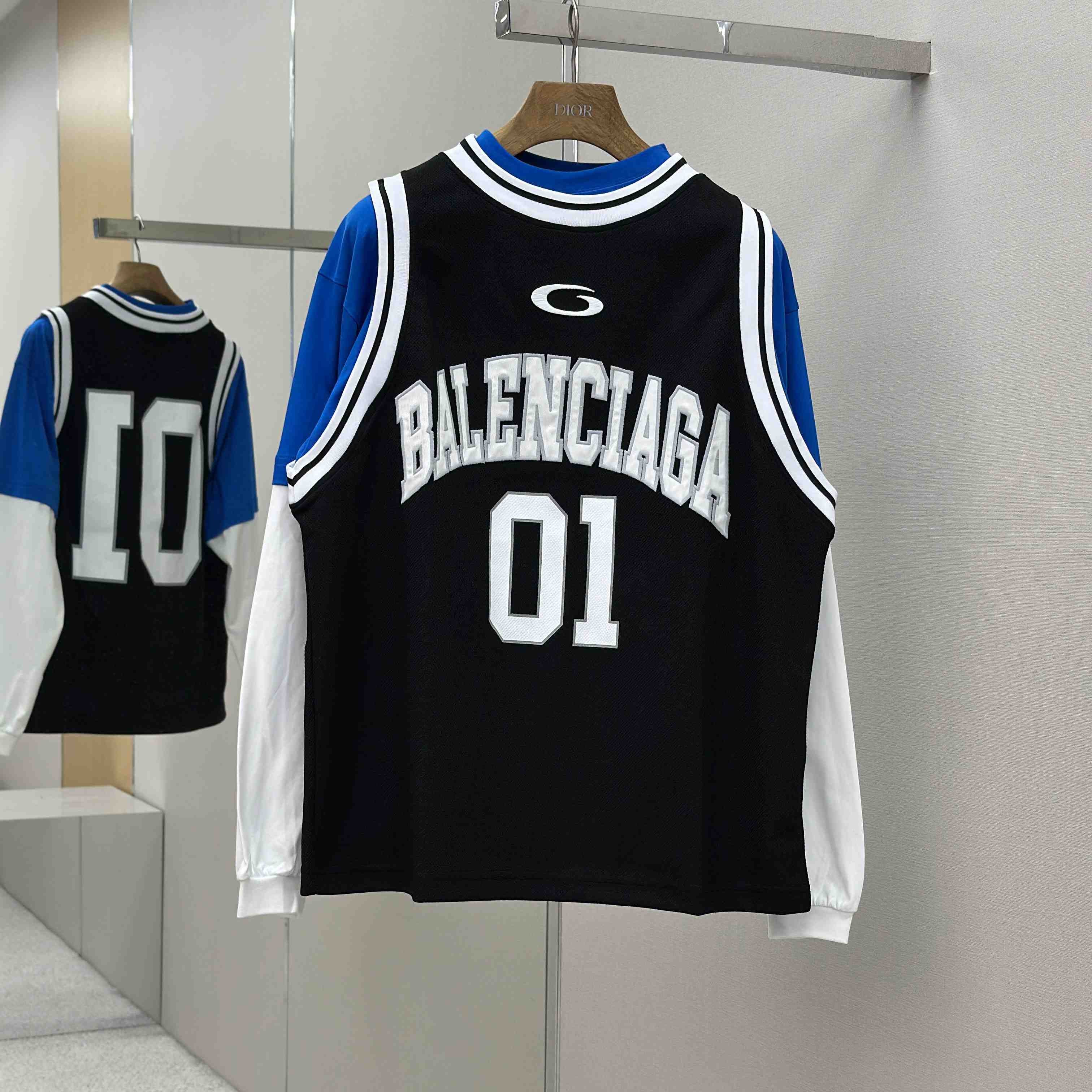Balenciaga Basketball Series - Layered Long Sleeve T-Shirt In Black And White Sporty Mesh Jersey - FashionPlug