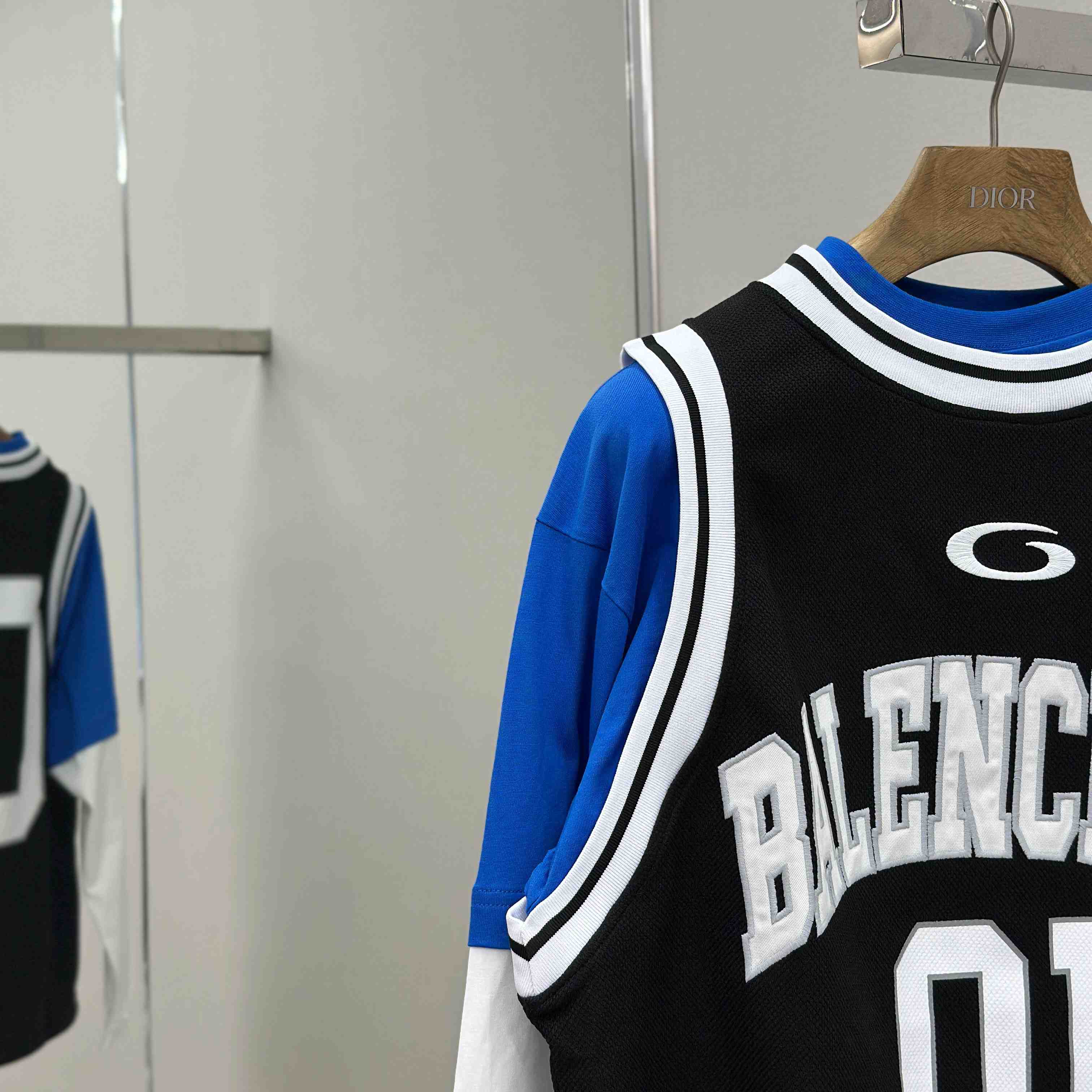 Balenciaga Basketball Series - Layered Long Sleeve T-Shirt In Black And White Sporty Mesh Jersey - FashionPlug