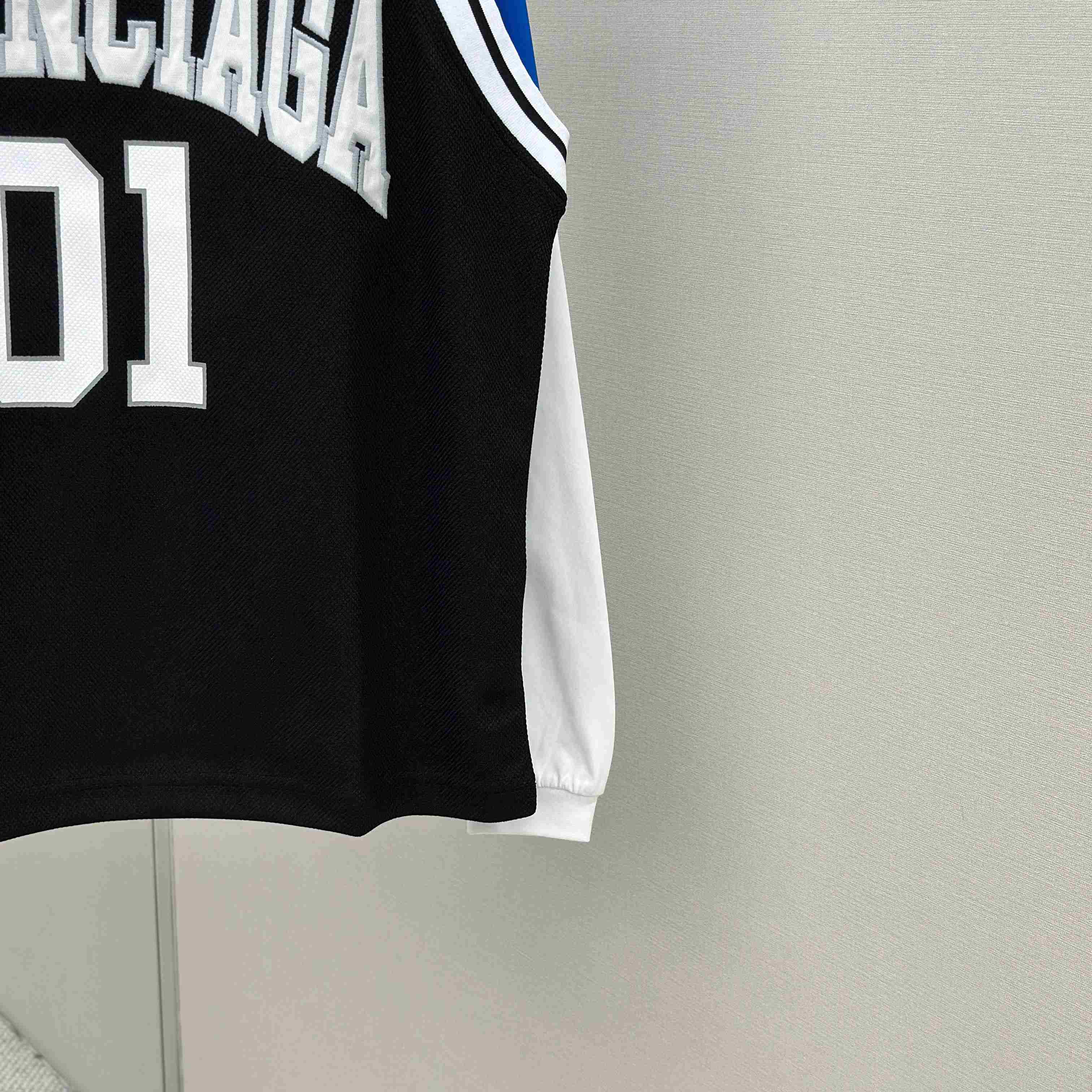 Balenciaga Basketball Series - Layered Long Sleeve T-Shirt In Black And White Sporty Mesh Jersey - FashionPlug