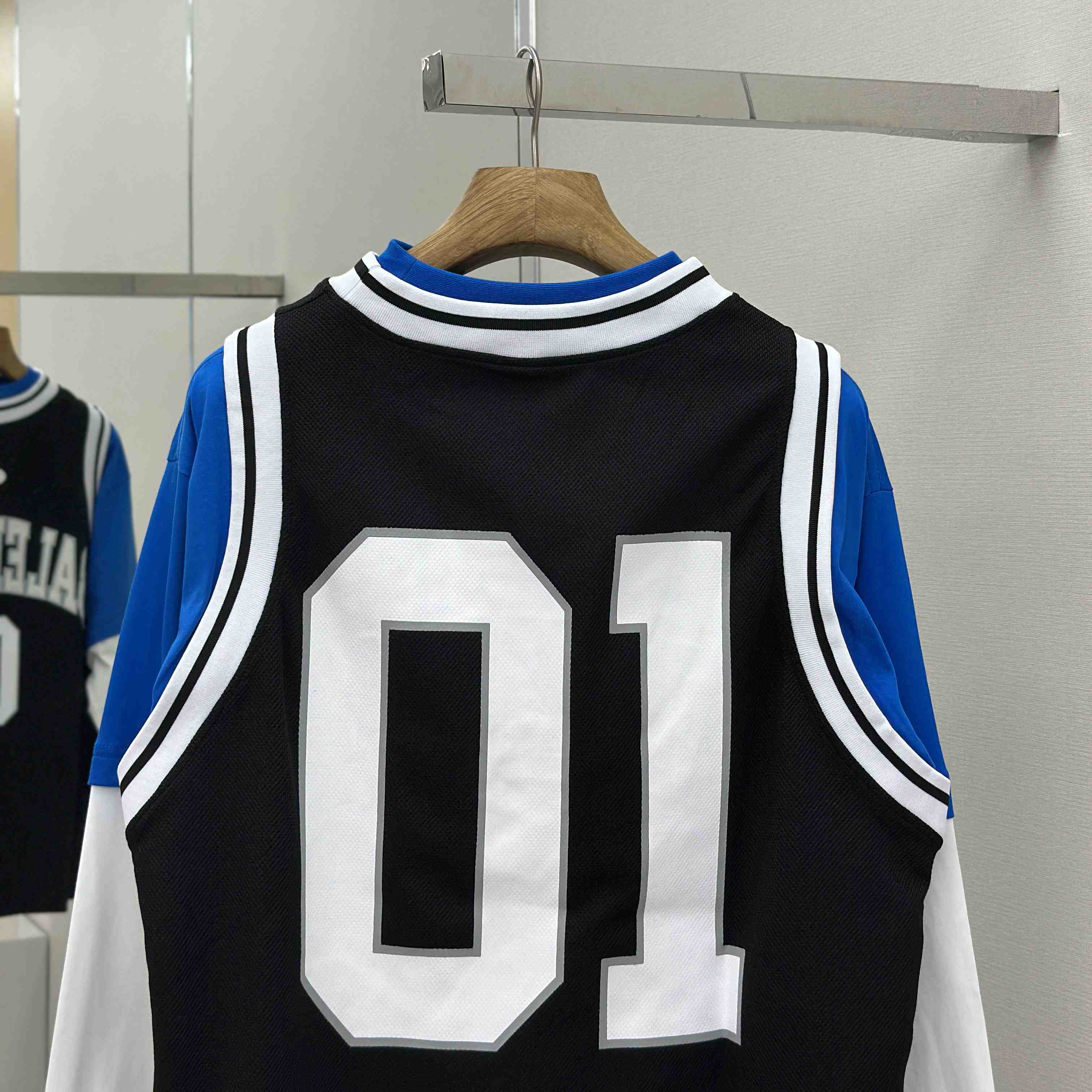Balenciaga Basketball Series - Layered Long Sleeve T-Shirt In Black And White Sporty Mesh Jersey - FashionPlug