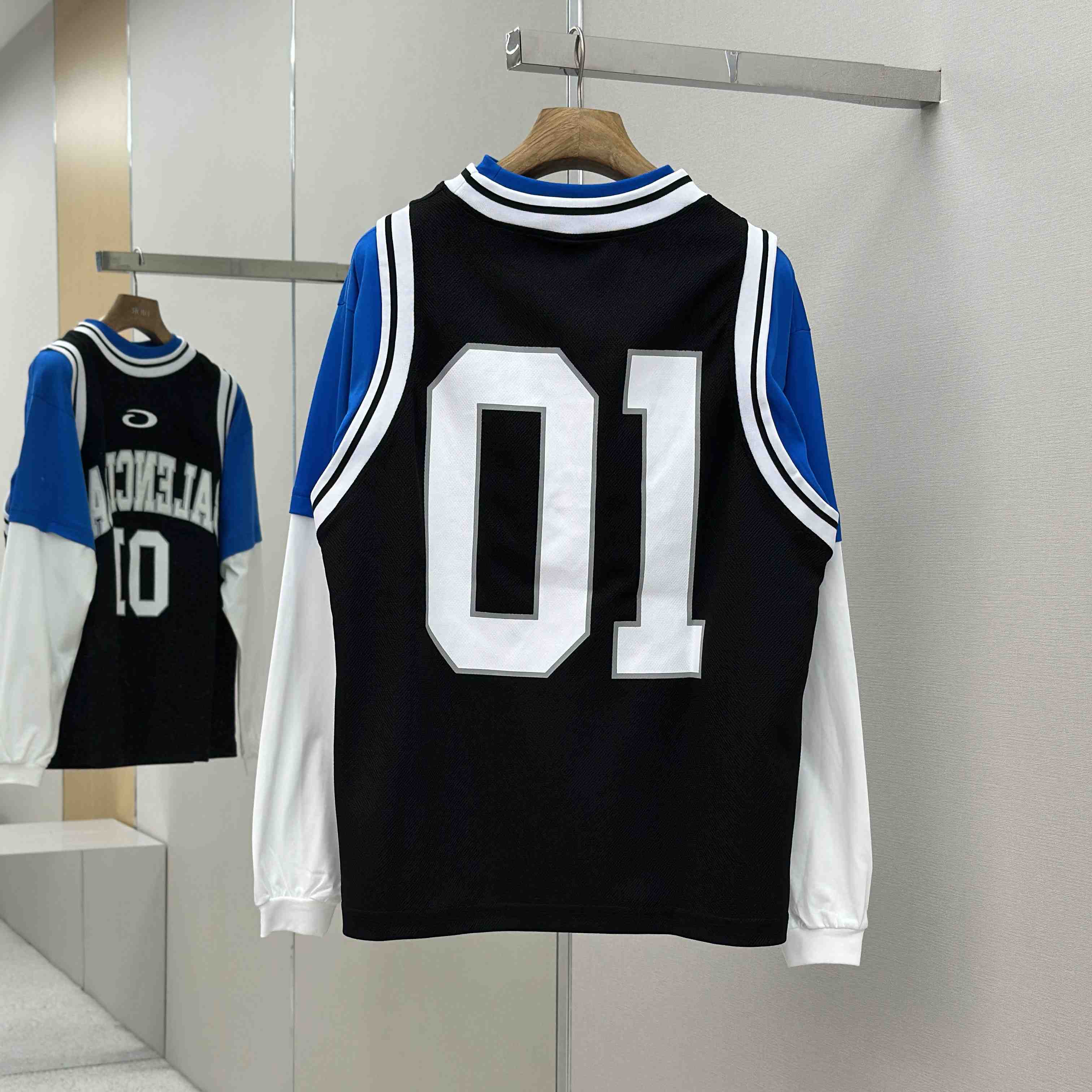 Balenciaga Basketball Series - Layered Long Sleeve T-Shirt In Black And White Sporty Mesh Jersey - FashionPlug