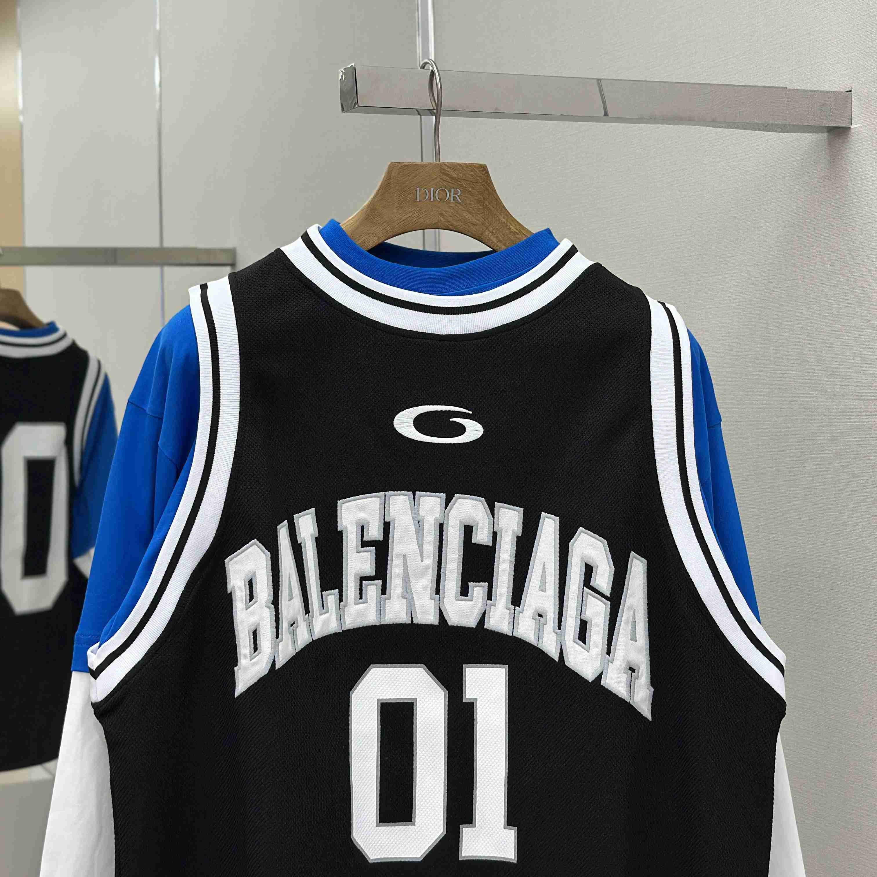 Balenciaga Basketball Series - Layered Long Sleeve T-Shirt In Black And White Sporty Mesh Jersey - FashionPlug