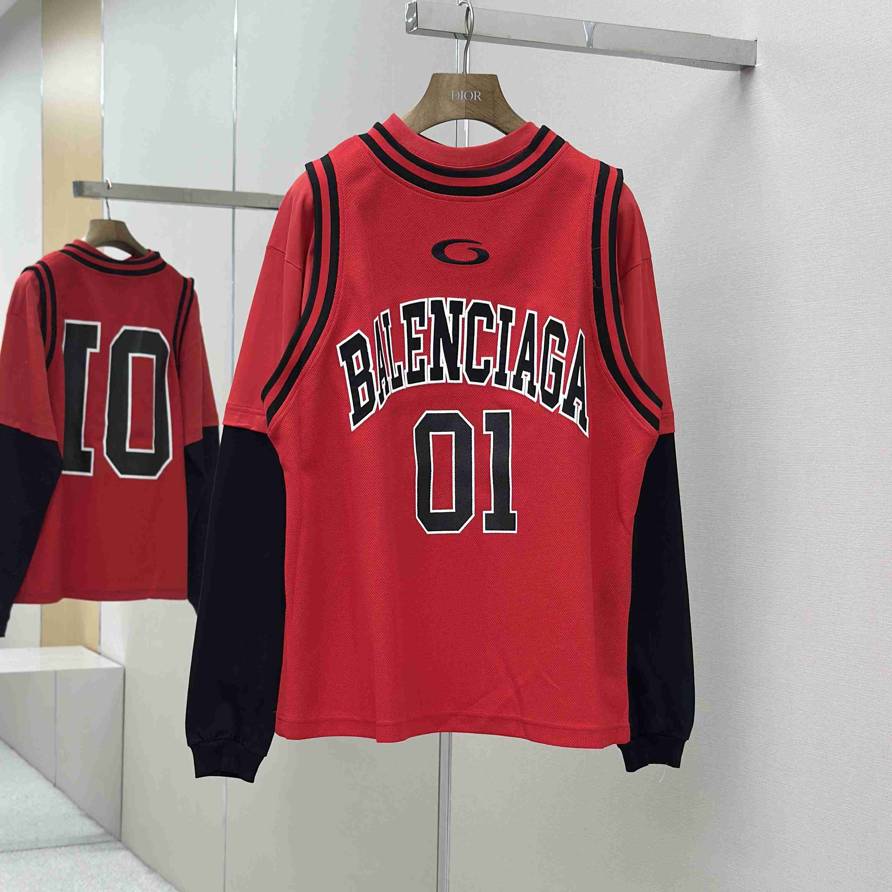 Balenciaga Basketball Series - Layered Long Sleeve T-Shirt In Red And Black Sporty Mesh Jersey - FashionPlug