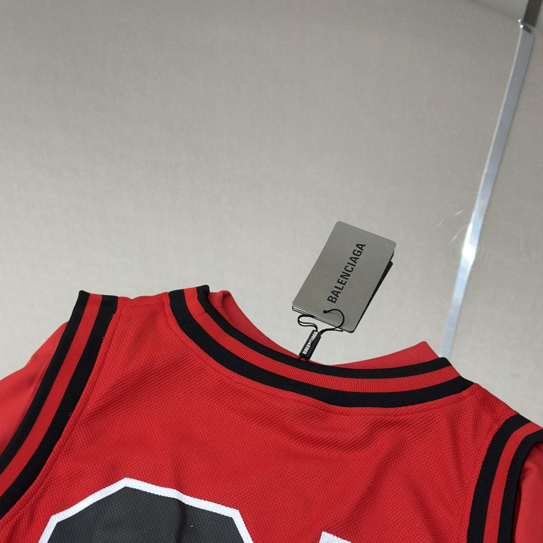 Balenciaga Basketball Series - Layered Long Sleeve T-Shirt In Red And Black Sporty Mesh Jersey - FashionPlug