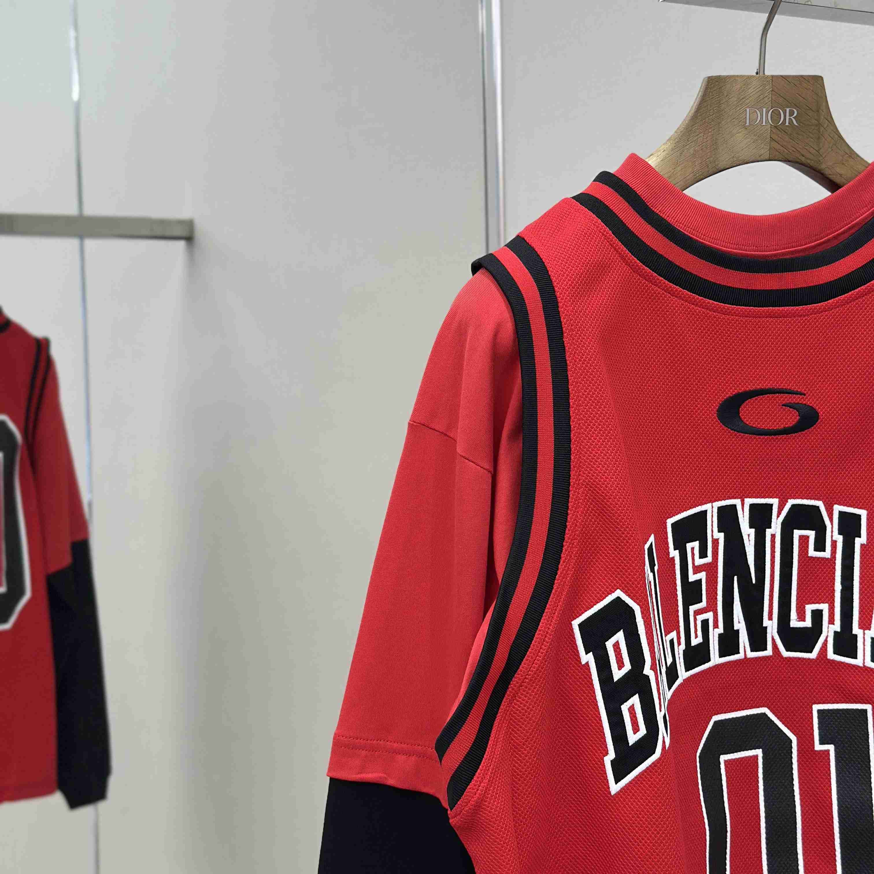 Balenciaga Basketball Series - Layered Long Sleeve T-Shirt In Red And Black Sporty Mesh Jersey - FashionPlug