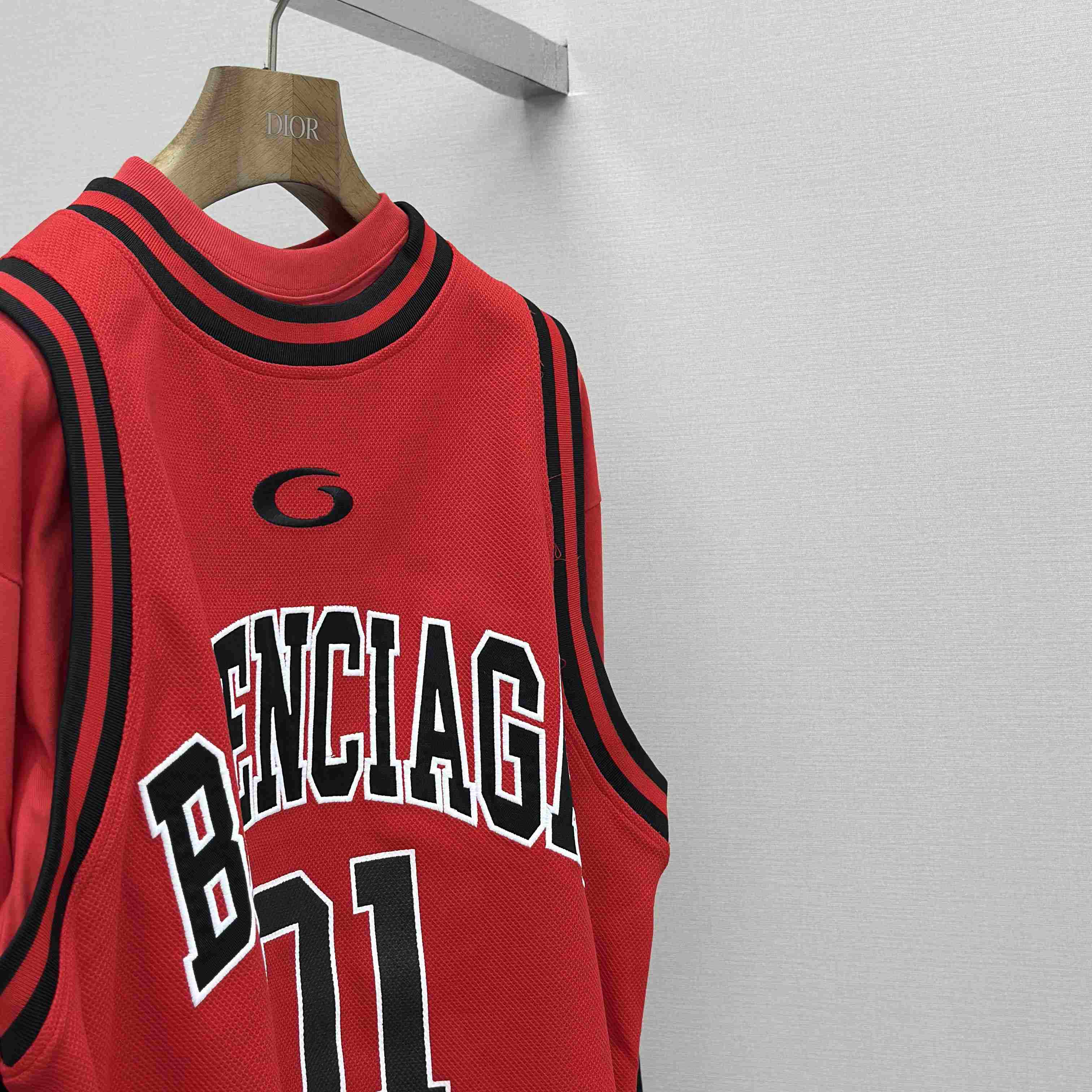 Balenciaga Basketball Series - Layered Long Sleeve T-Shirt In Red And Black Sporty Mesh Jersey - FashionPlug