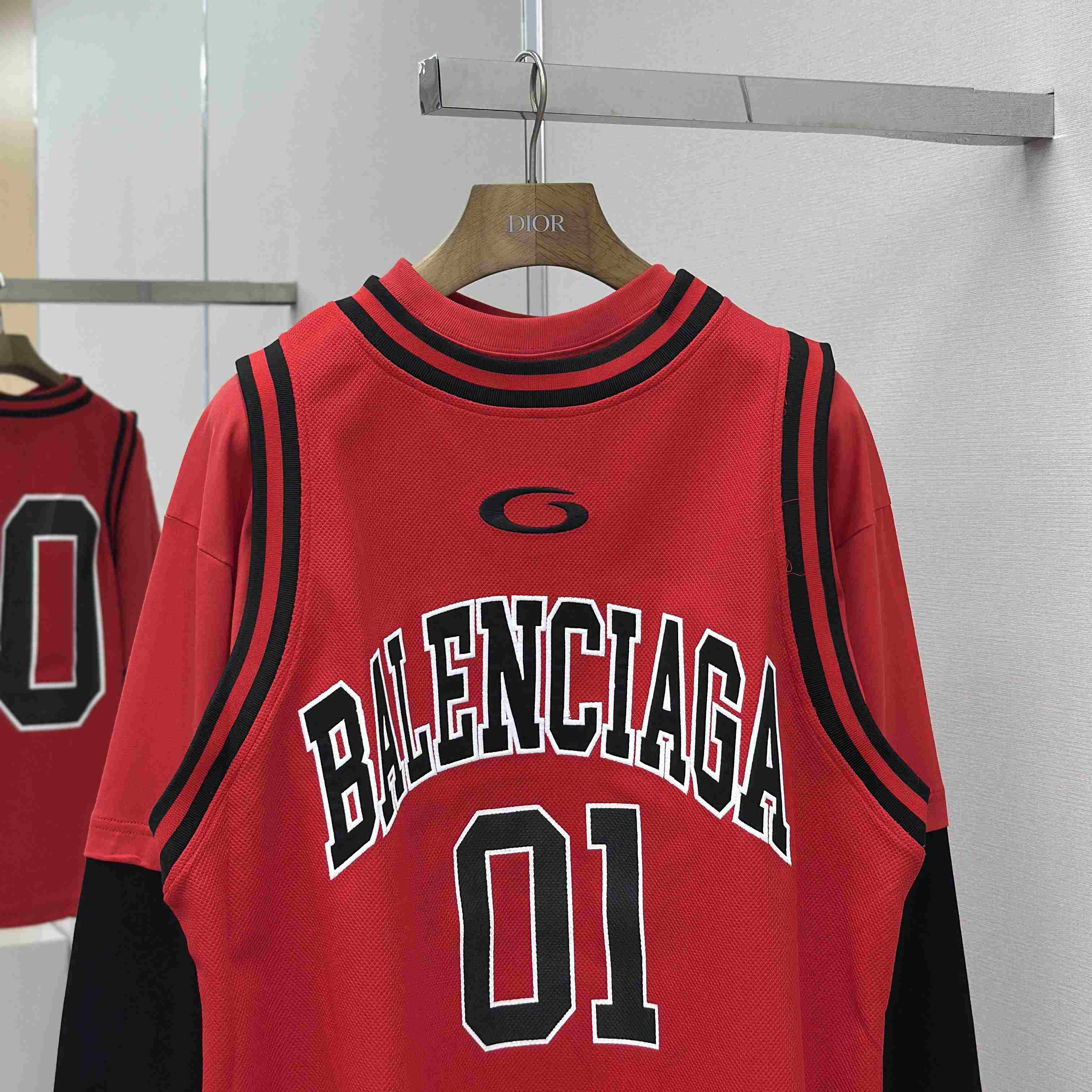Balenciaga Basketball Series - Layered Long Sleeve T-Shirt In Red And Black Sporty Mesh Jersey - FashionPlug