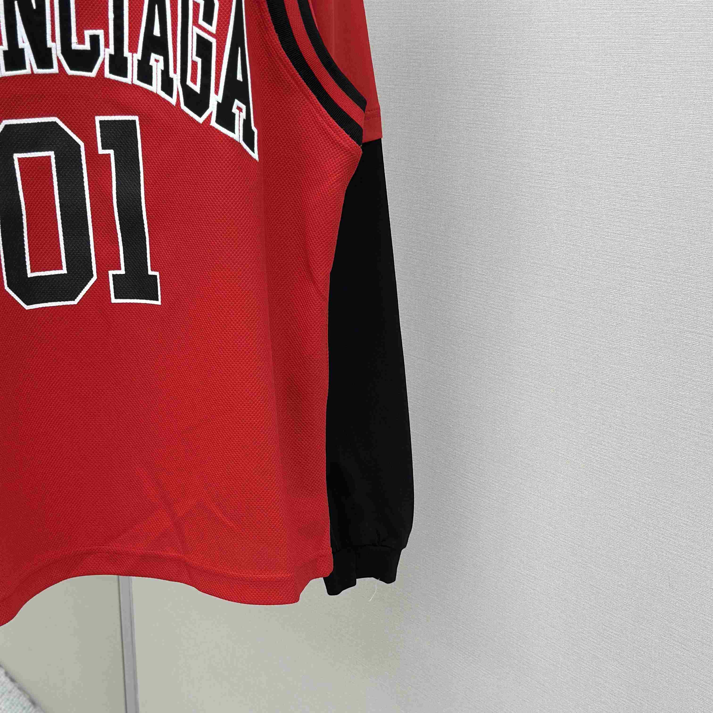 Balenciaga Basketball Series - Layered Long Sleeve T-Shirt In Red And Black Sporty Mesh Jersey - FashionPlug