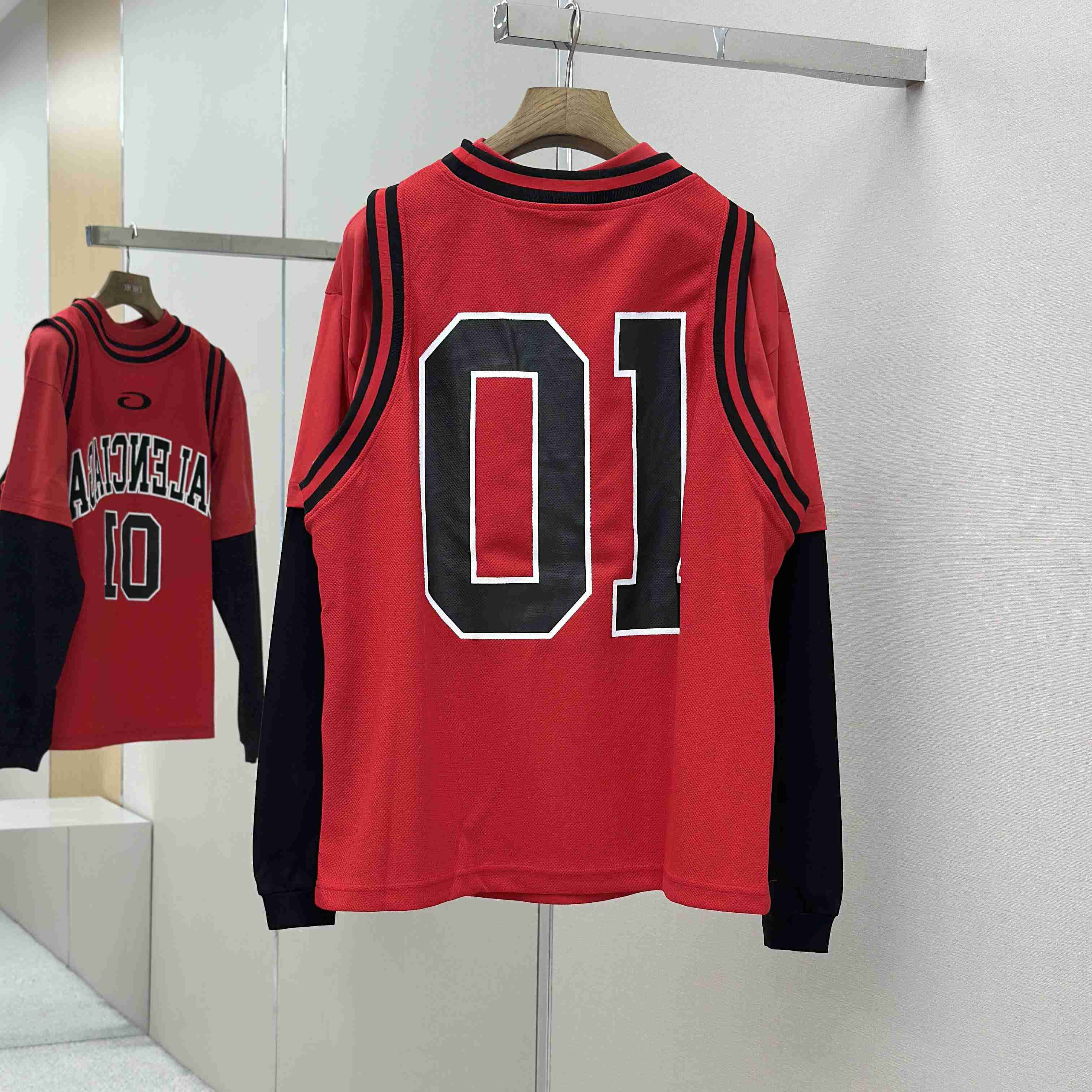 Balenciaga Basketball Series - Layered Long Sleeve T-Shirt In Red And Black Sporty Mesh Jersey - FashionPlug