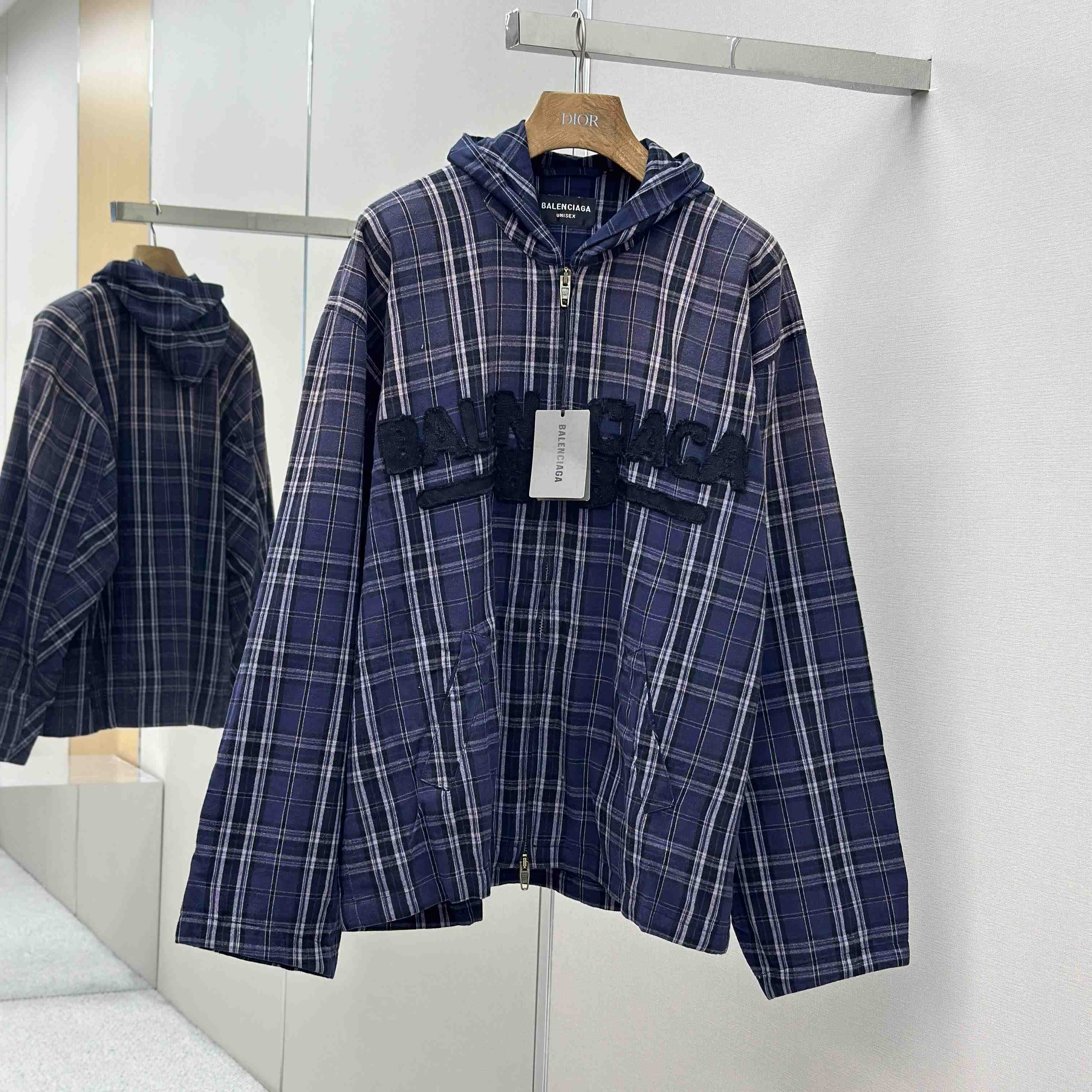 Balenciaga Logo Embroidered Hooded Check Jacket - FashionPlug