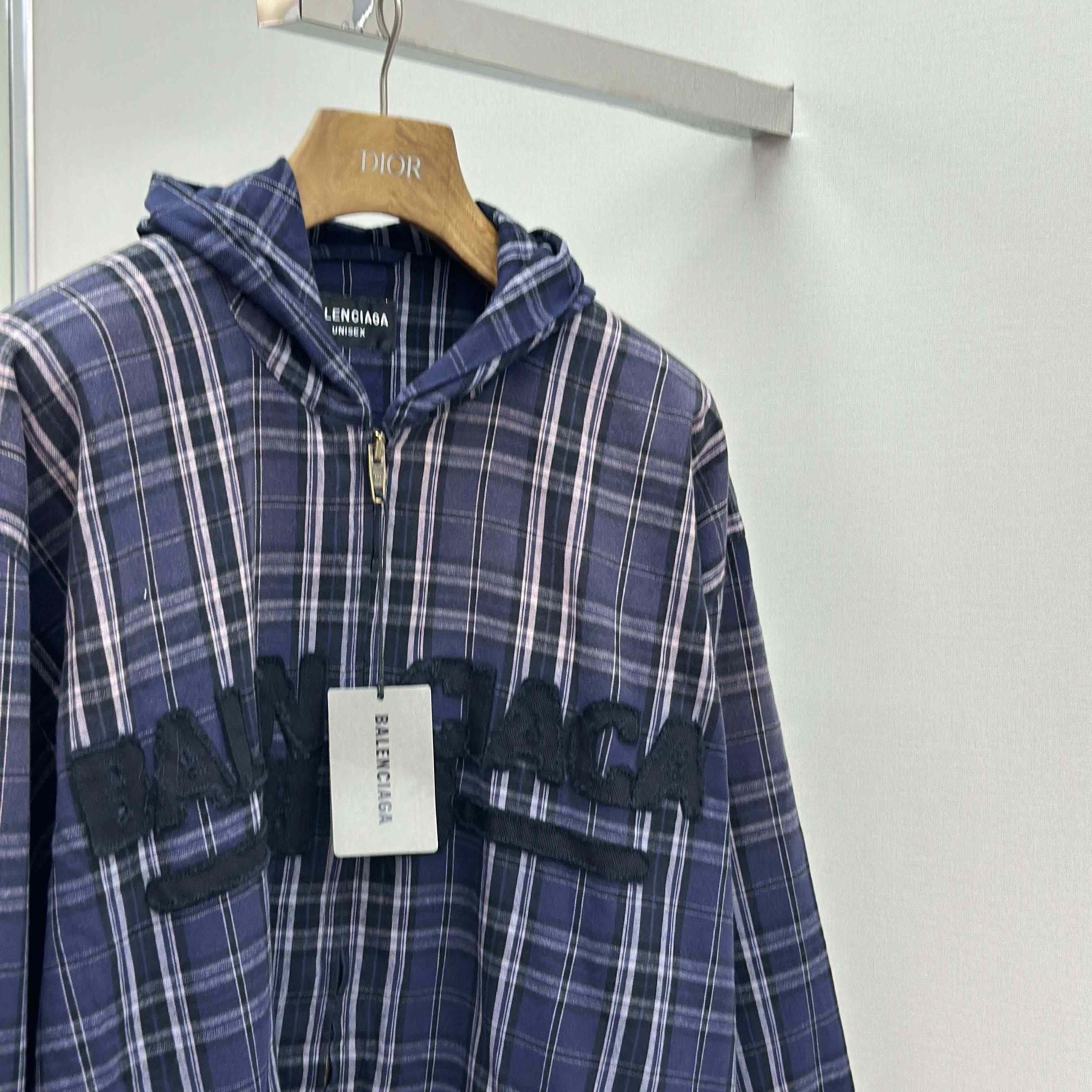 Balenciaga Logo Embroidered Hooded Check Jacket - FashionPlug