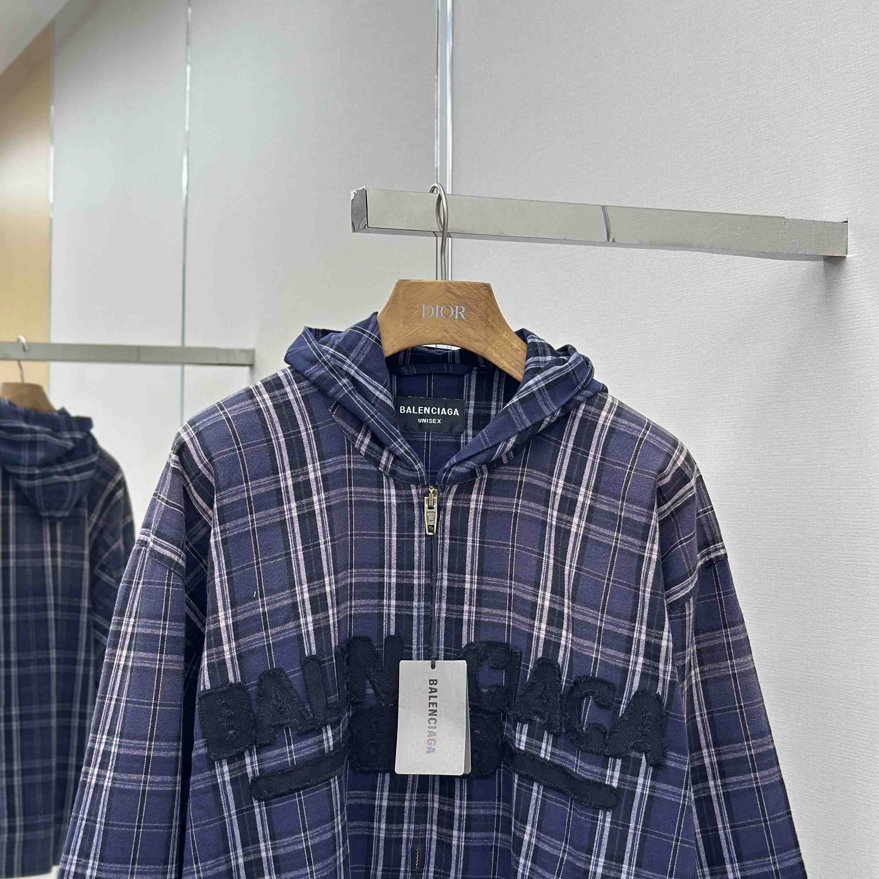 Balenciaga Logo Embroidered Hooded Check Jacket - FashionPlug