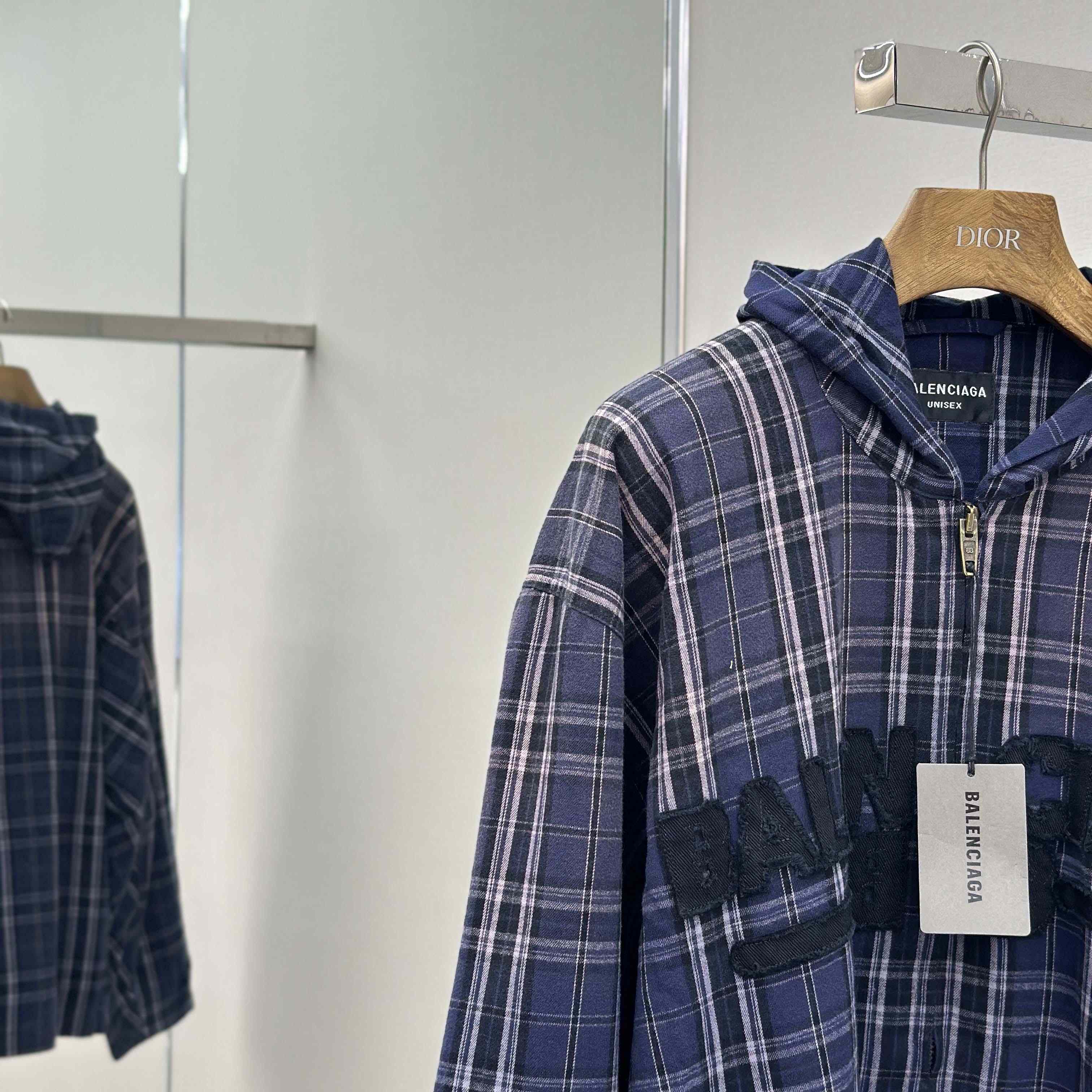 Balenciaga Logo Embroidered Hooded Check Jacket - FashionPlug