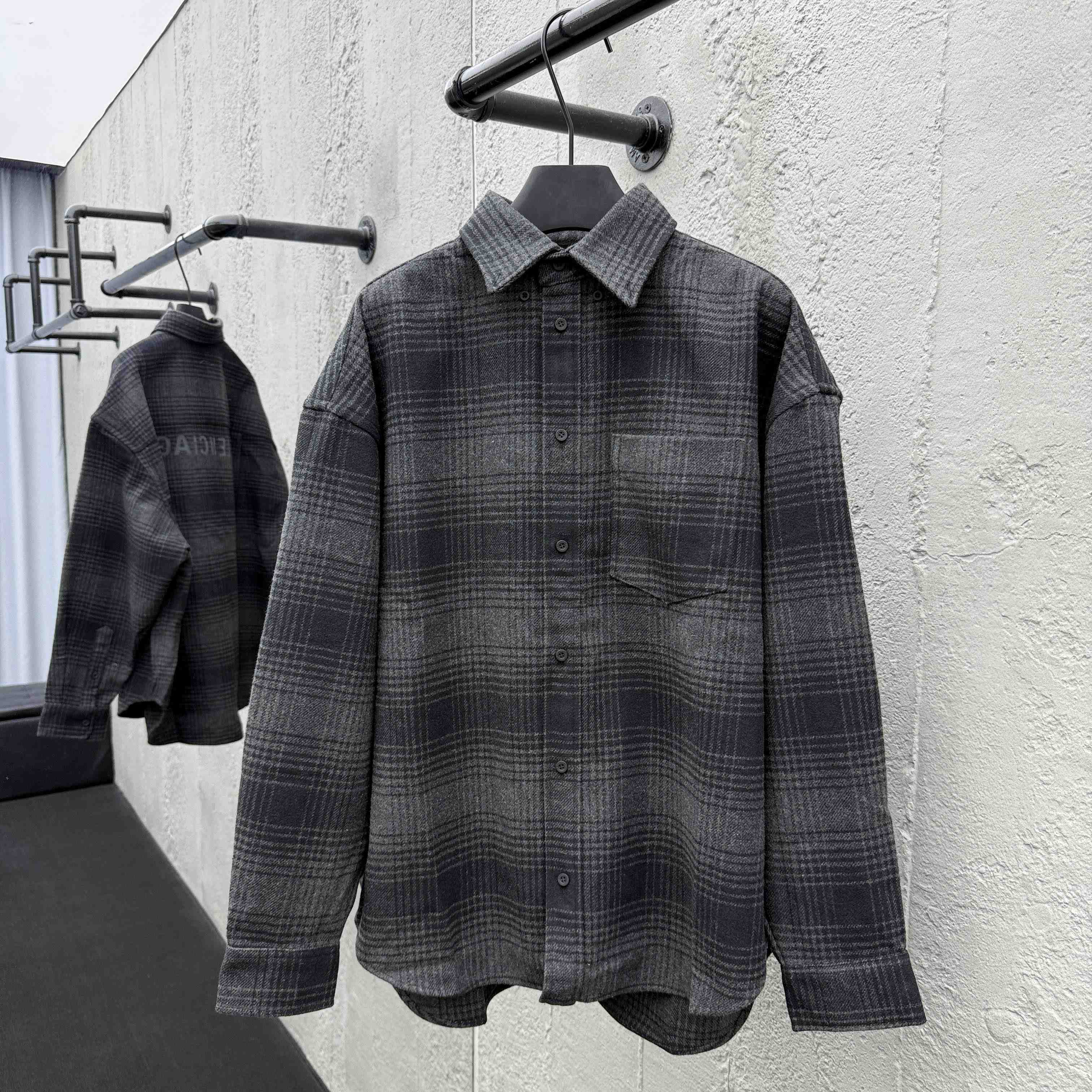 Balenciaga Oversized Shirt In Grey And Black Mix Wool Flannel - FashionPlug