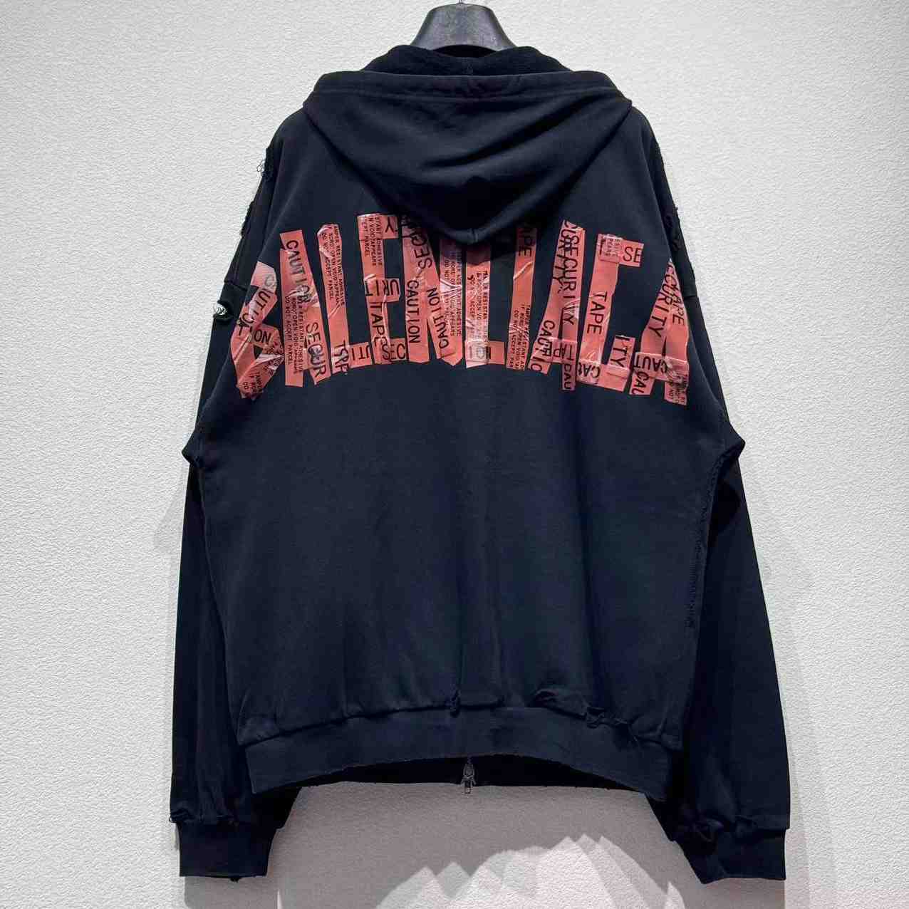 Balenciaga Security Tape Logo Large Zip-Up Hoodie In Faded Washed Black And Red Dry Fleece - FashionPlug