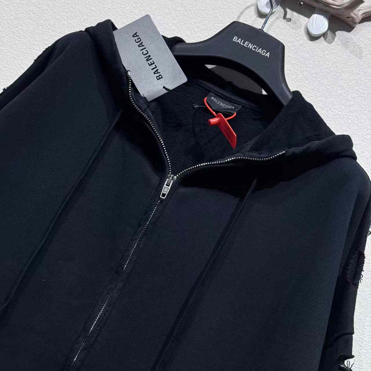 Balenciaga Security Tape Logo Large Zip-Up Hoodie In Faded Washed Black And Red Dry Fleece - FashionPlug