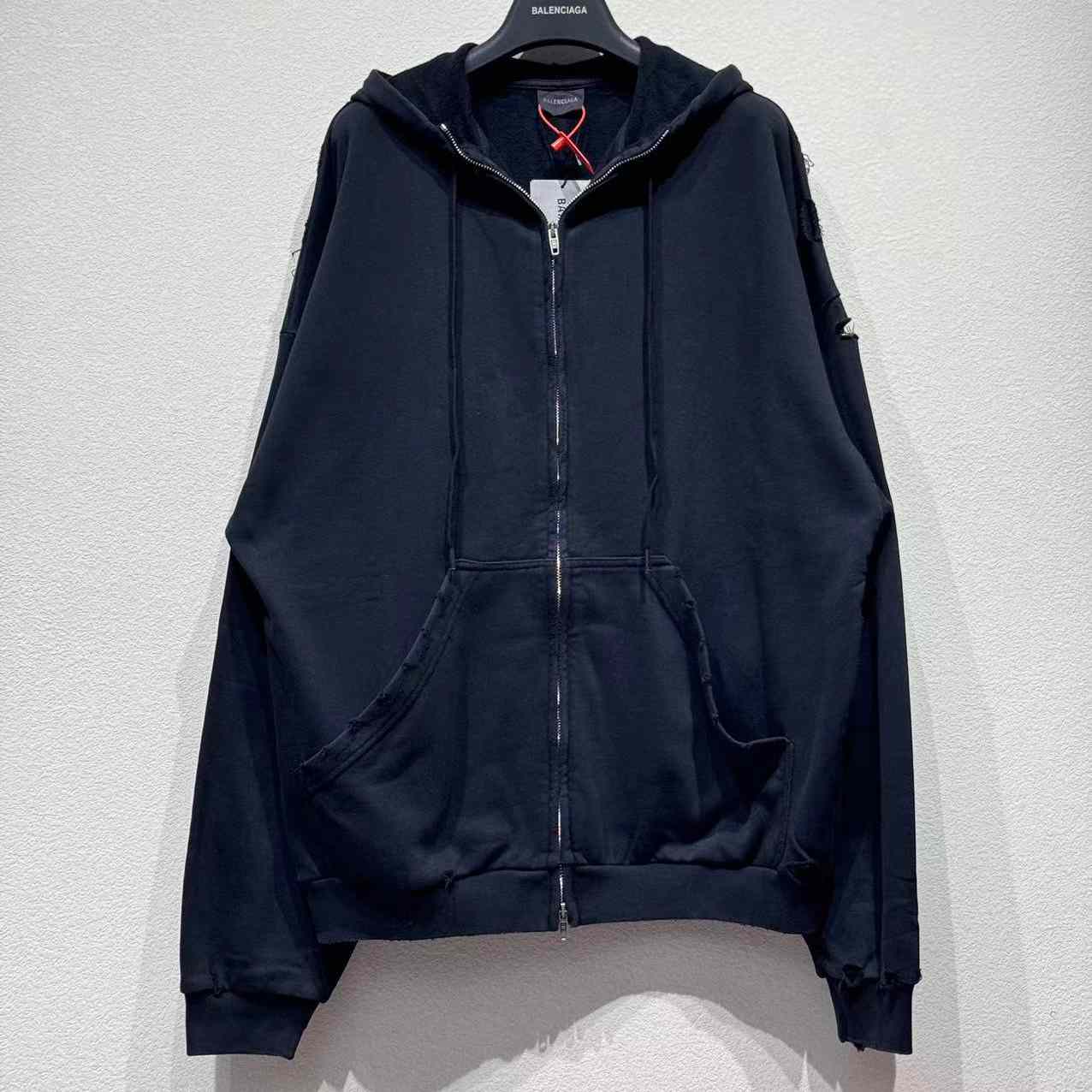 Balenciaga Security Tape Logo Large Zip-Up Hoodie In Faded Washed Black And Red Dry Fleece - FashionPlug