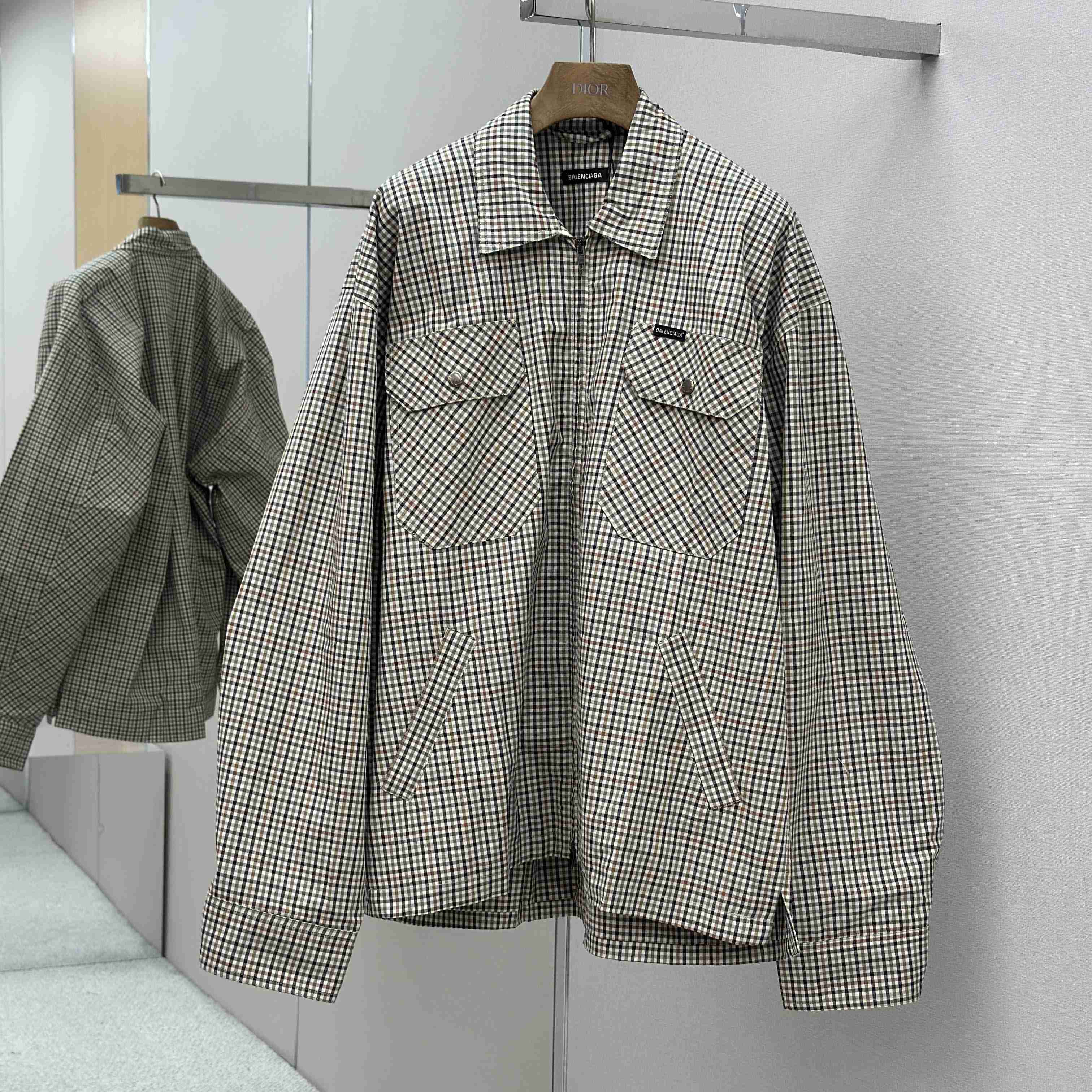 Balenciaga Zip-Up Shirt In Beige And Khaki Checked Flannel - FashionPlug