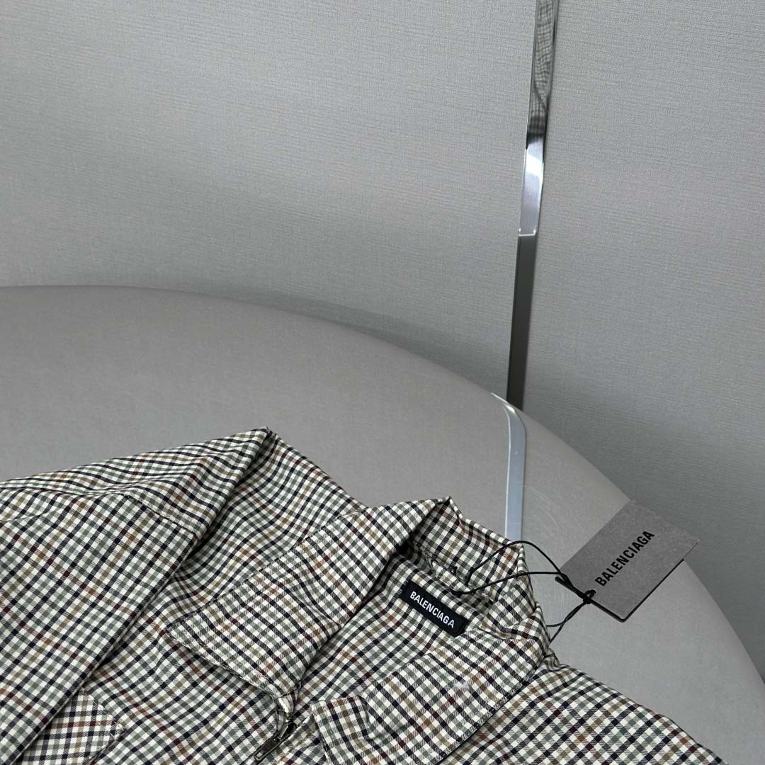 Balenciaga Zip-Up Shirt In Beige And Khaki Checked Flannel - FashionPlug