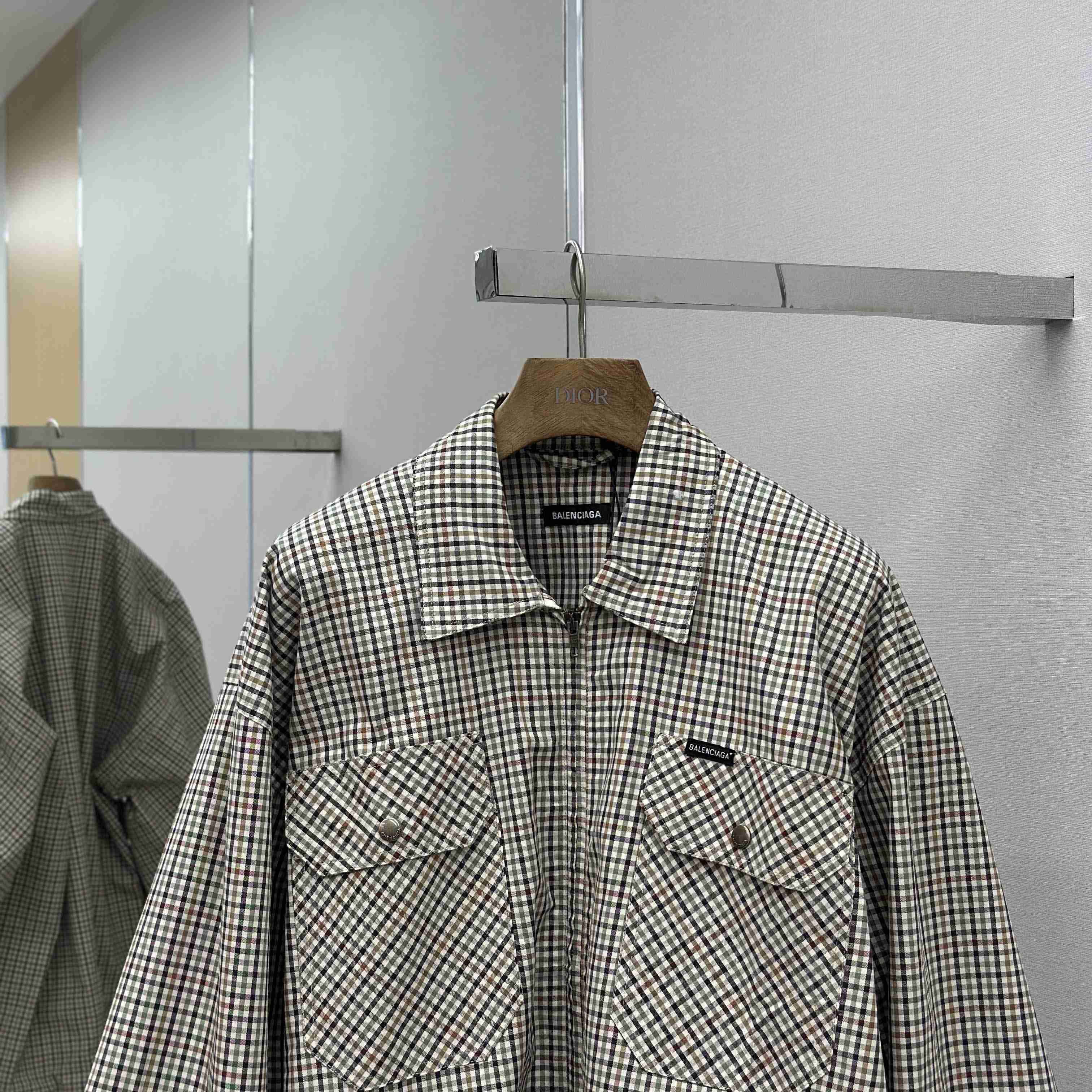 Balenciaga Zip-Up Shirt In Beige And Khaki Checked Flannel - FashionPlug