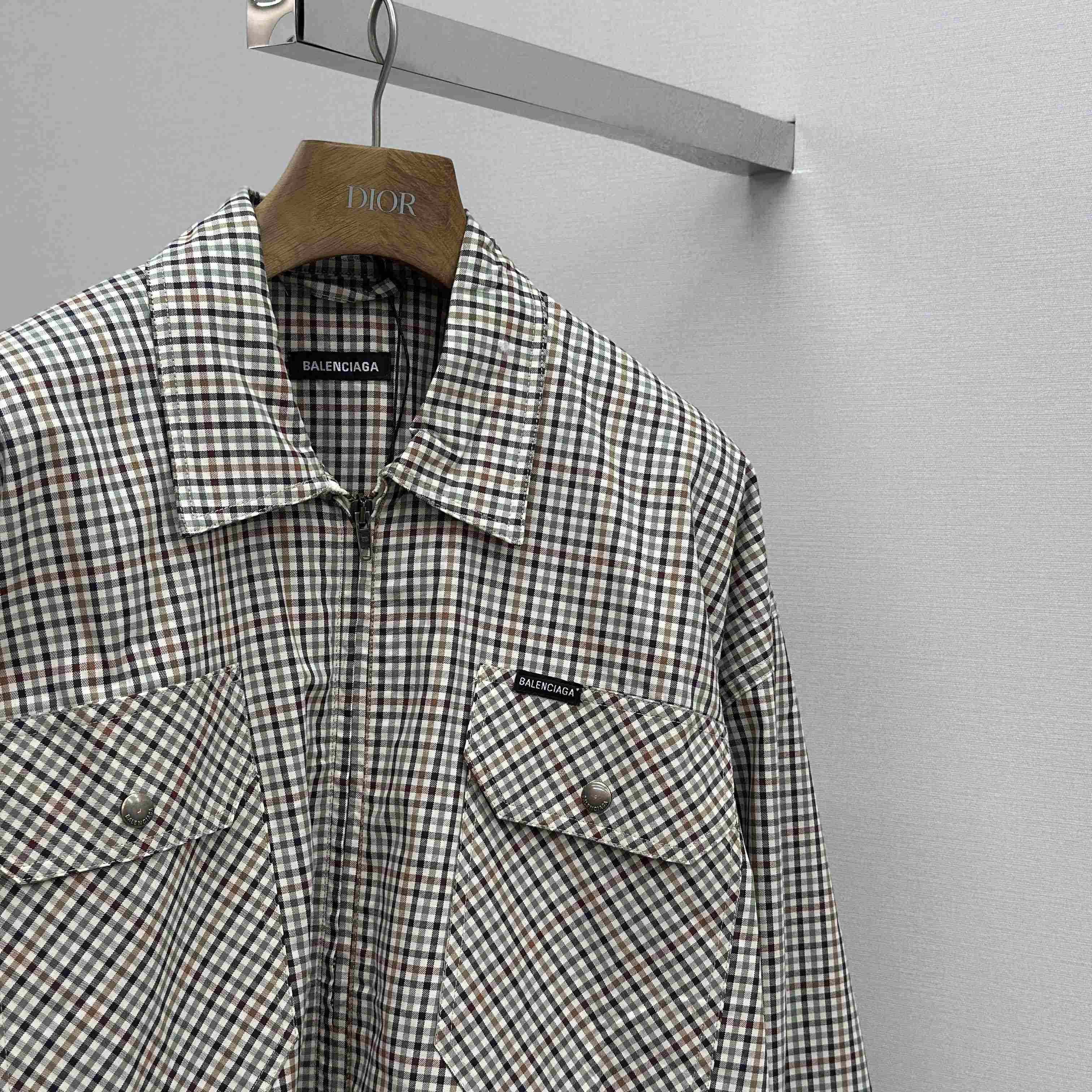 Balenciaga Zip-Up Shirt In Beige And Khaki Checked Flannel - FashionPlug
