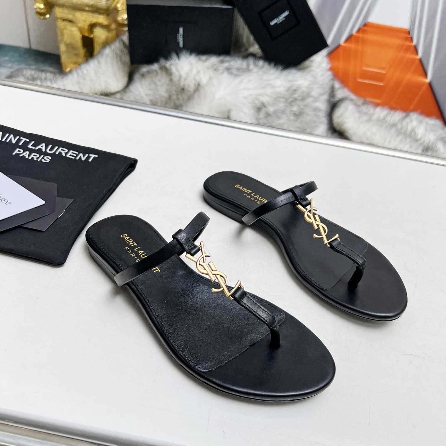 Saint Laurent Cassandra Leather Flip Flops  - FashionPlug