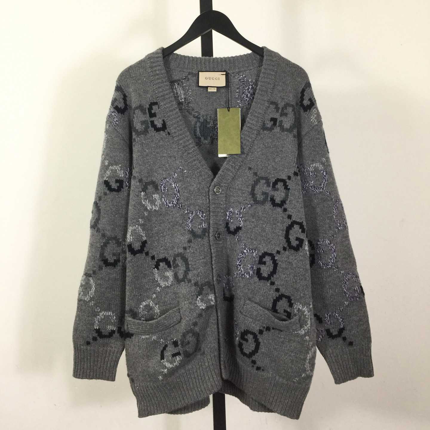 Gucci Wool Cardigan With GG Intarsia - FashionPlug