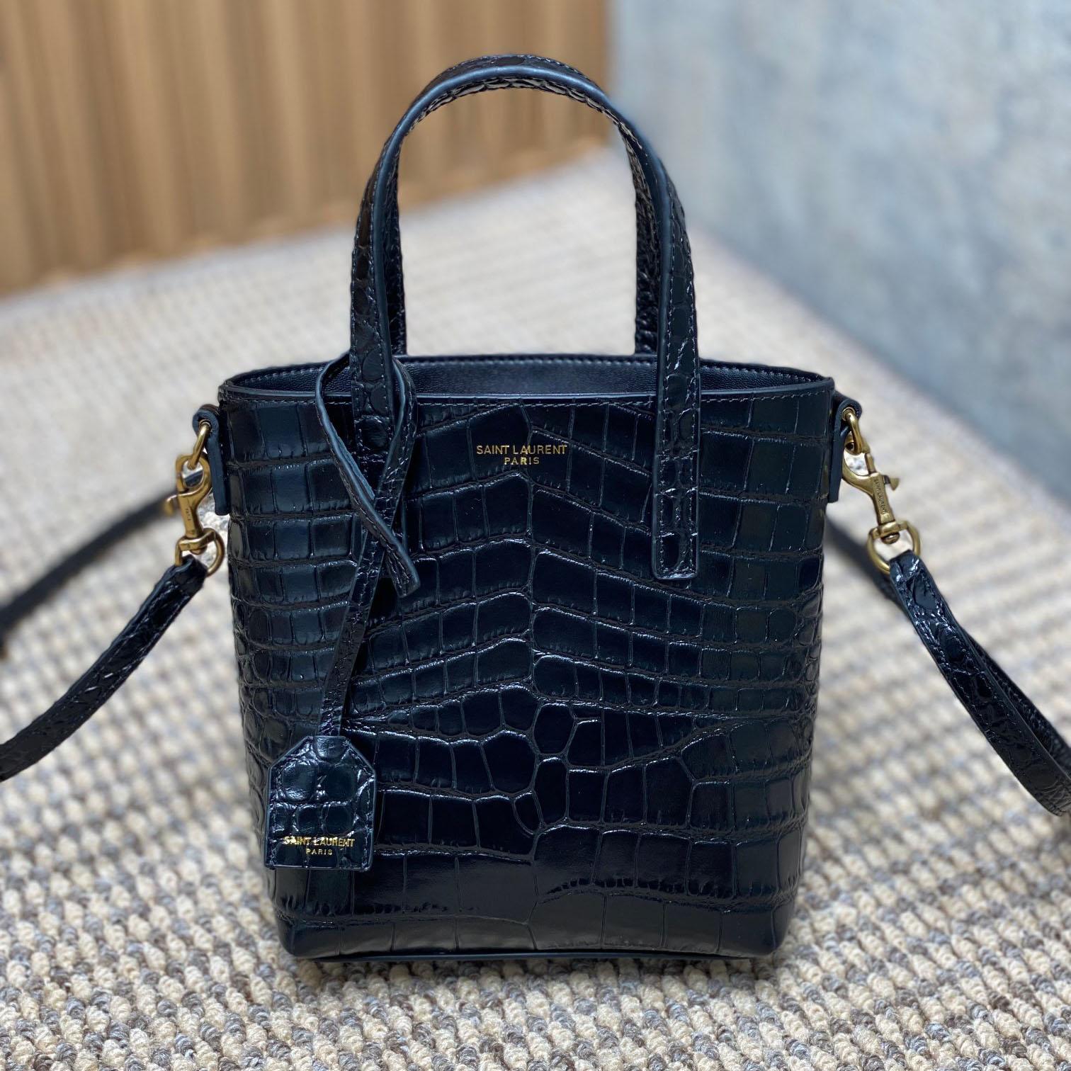 Saint Laurent Mini Toy Shopping Saint Laurent In Crocodile -  Embossed Leather - FashionPlug