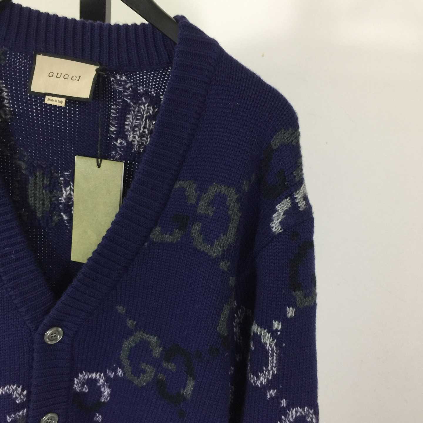 Gucci Wool Cardigan With GG Intarsia - FashionPlug