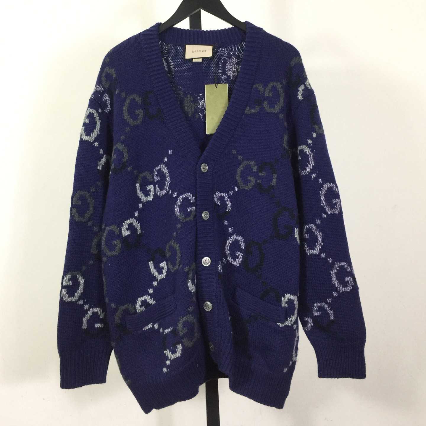 Gucci Wool Cardigan With GG Intarsia - FashionPlug