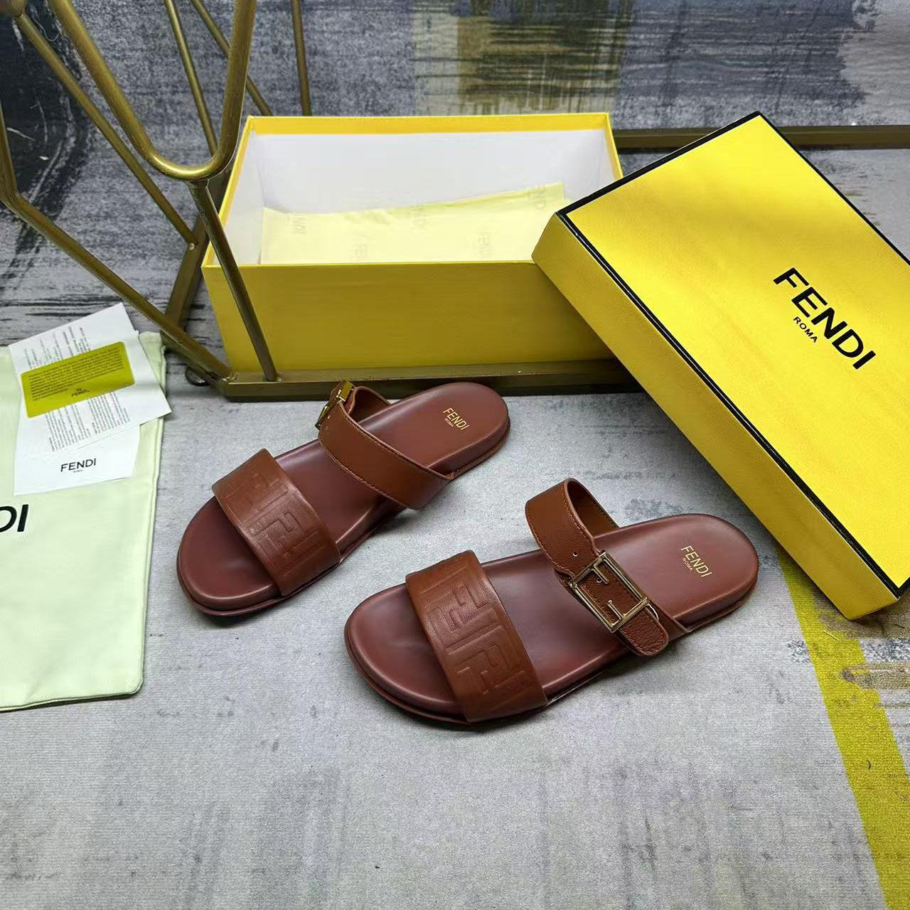 Fendi Feel Leather Double Strap Sandals - FashionPlug