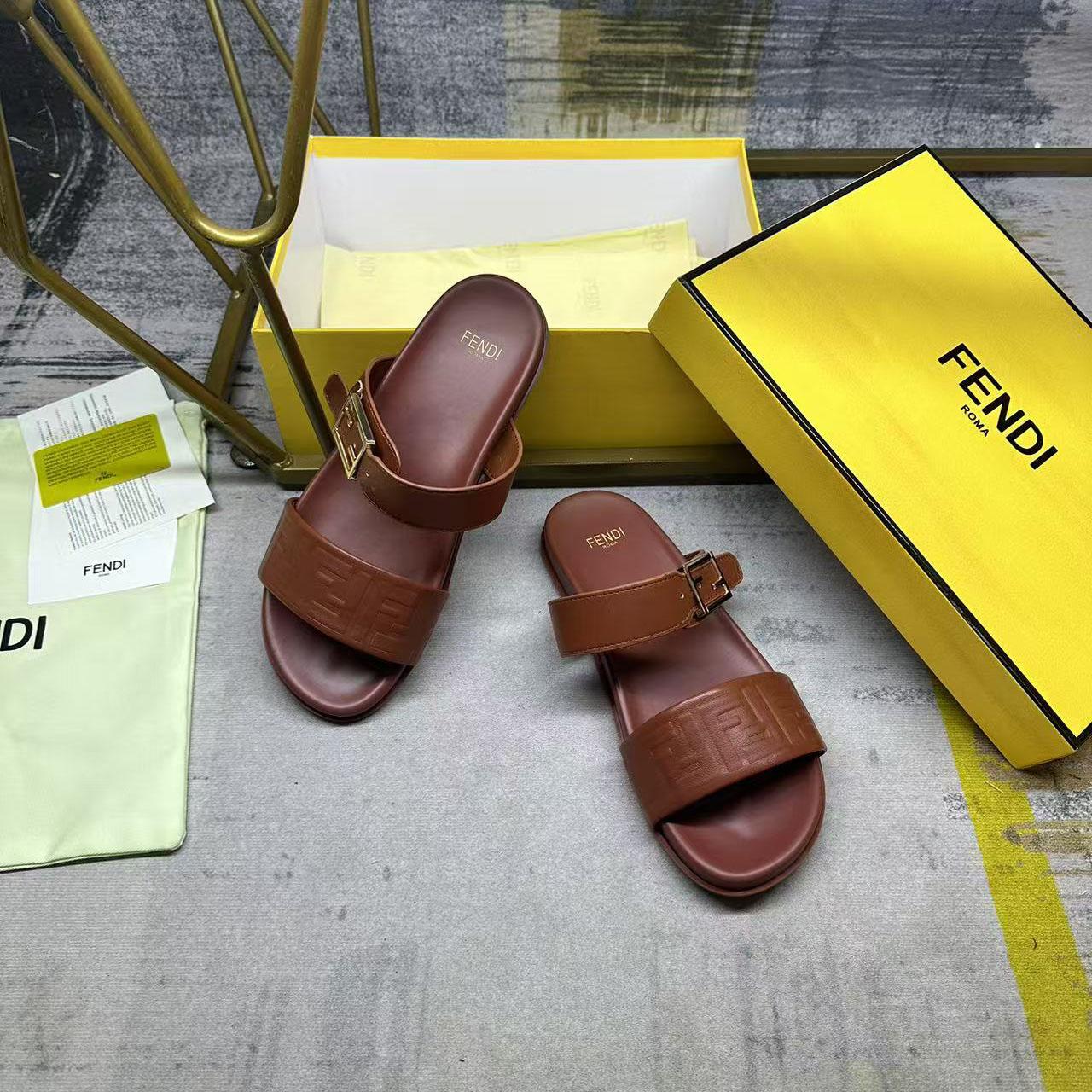 Fendi Feel Leather Double Strap Sandals - FashionPlug