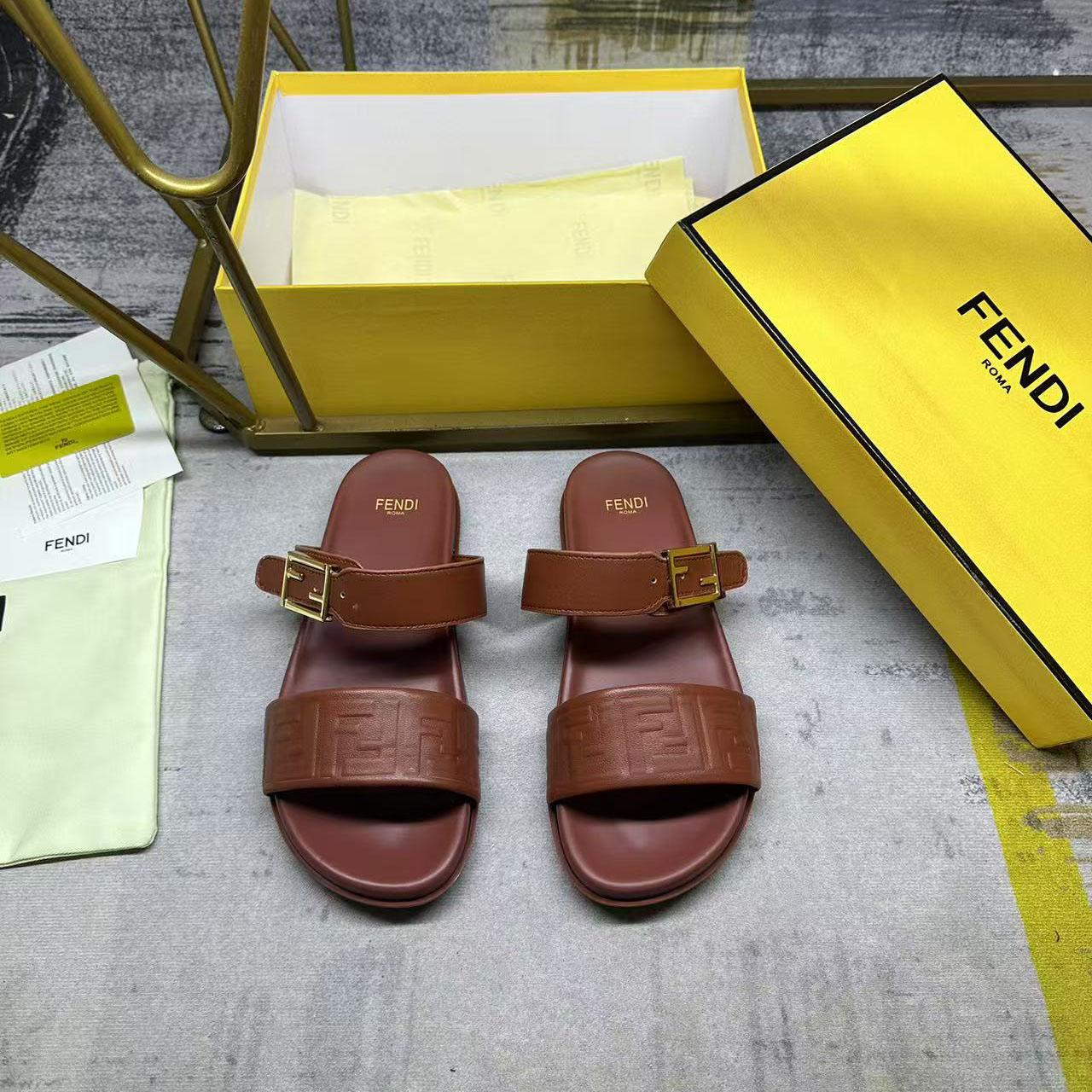 Fendi Feel Leather Double Strap Sandals - FashionPlug