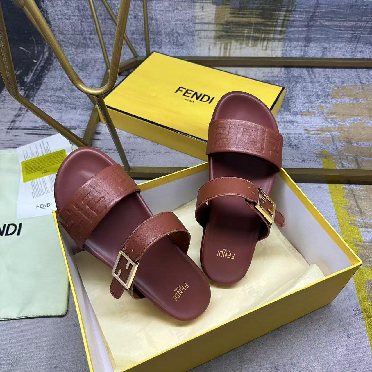 Fendi Feel Leather Double Strap Sandals - FashionPlug