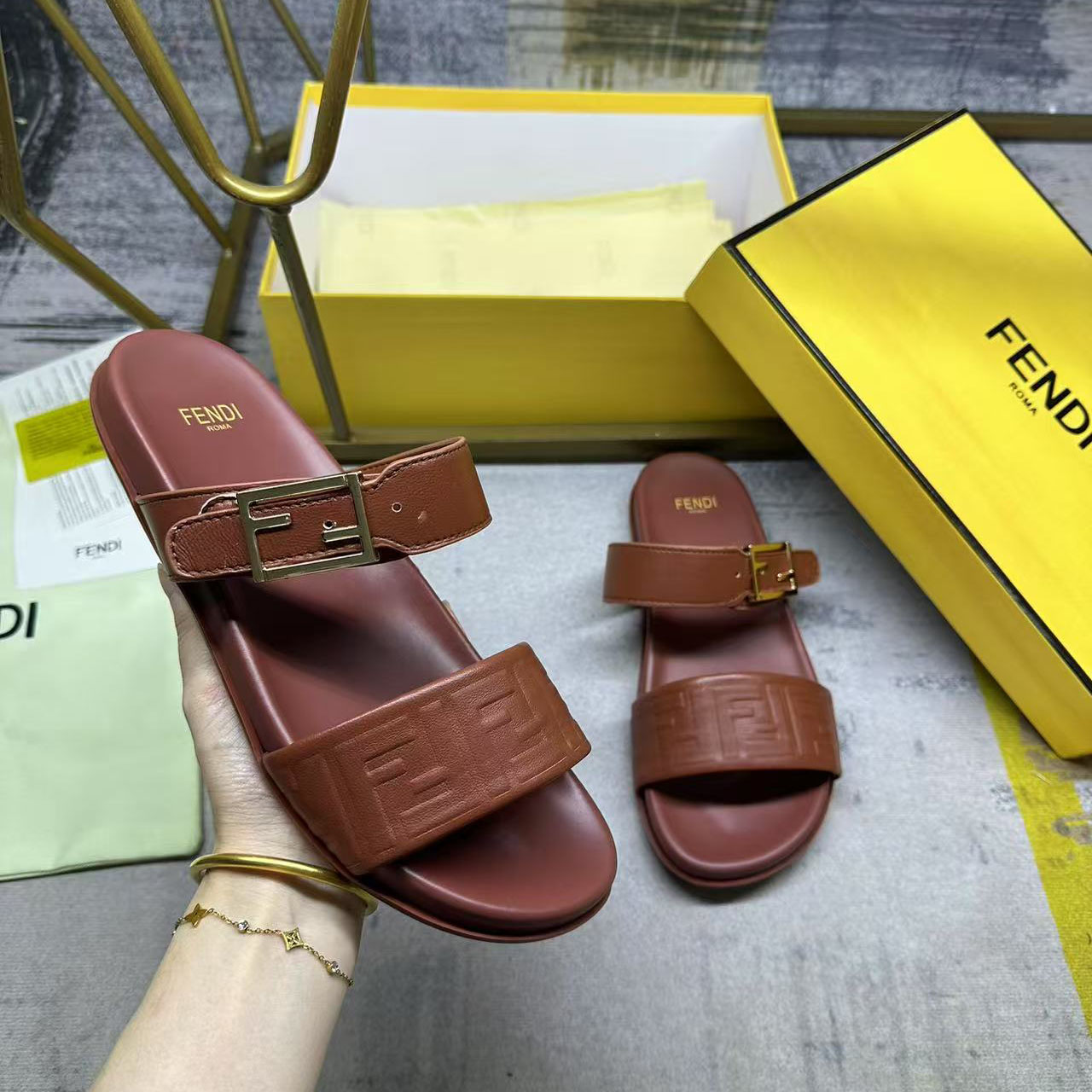 Fendi Feel Leather Double Strap Sandals - FashionPlug