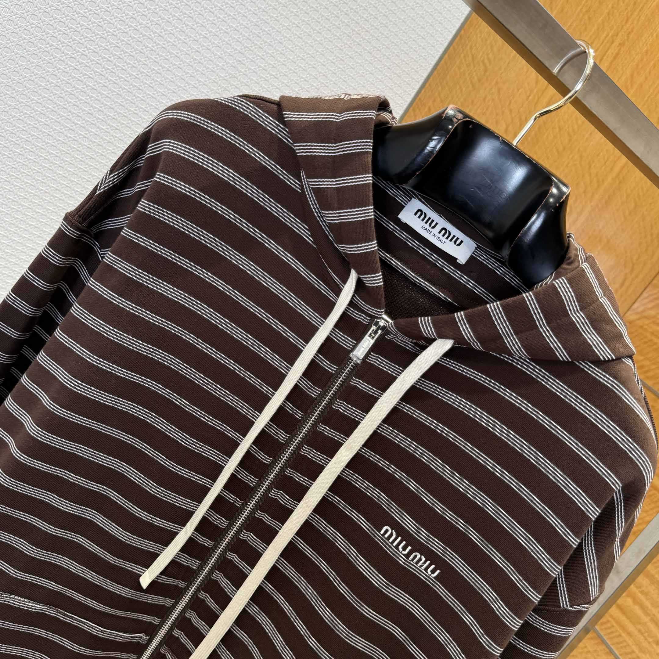 Miu Miu Striped Cotton Fleece Hoodie Jacket - FashionPlug