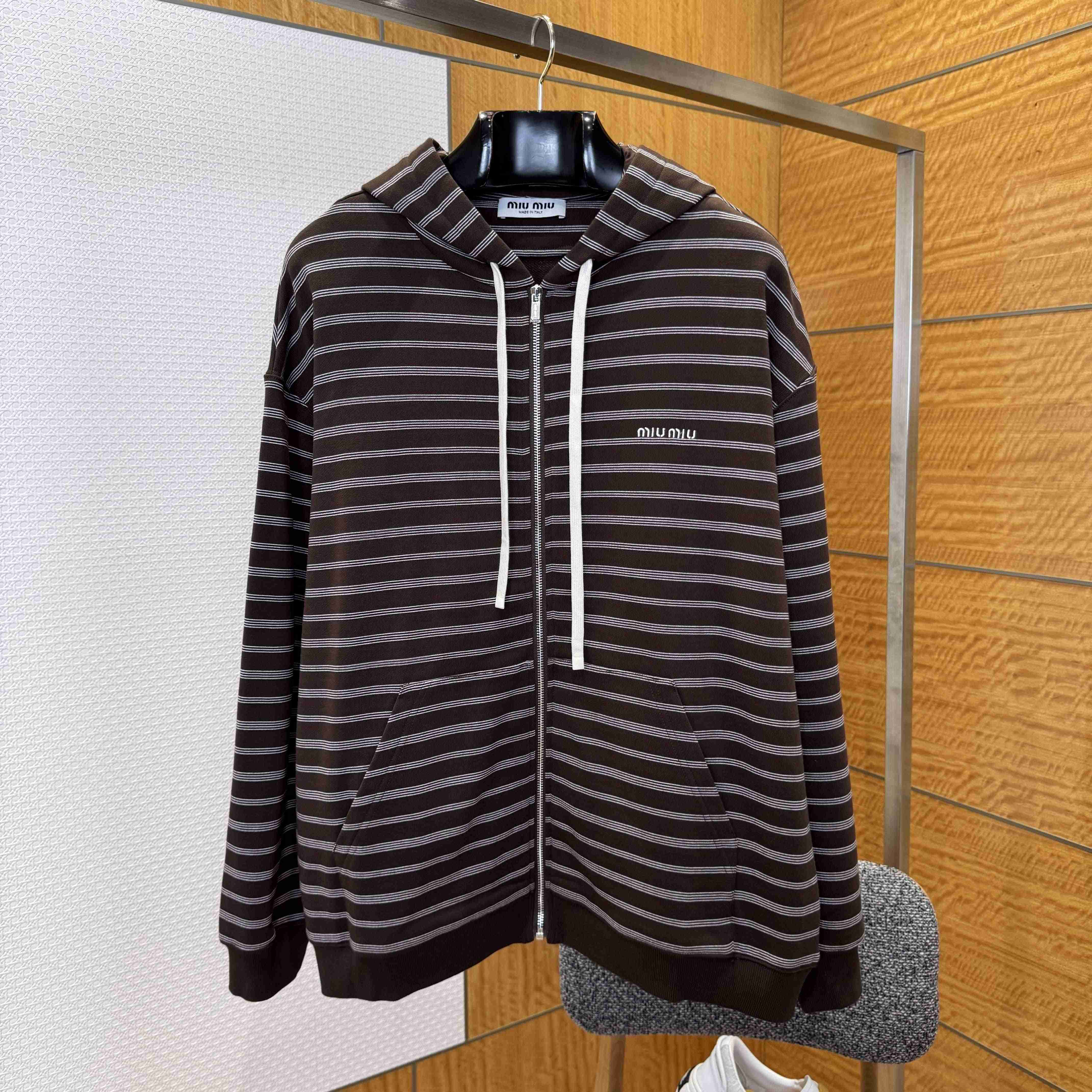 Miu Miu Striped Cotton Fleece Hoodie Jacket - FashionPlug